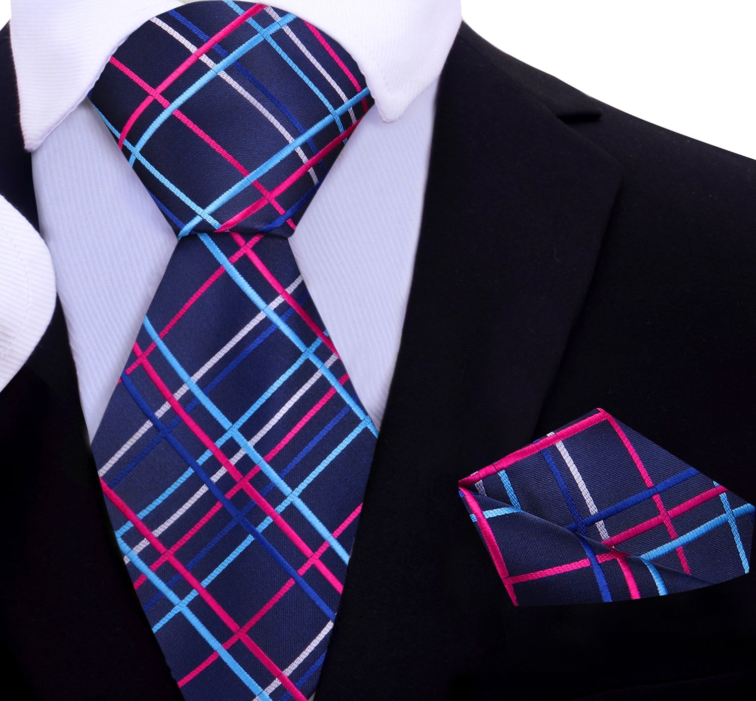 Blue Pink Plaid Tie and Pocket Square