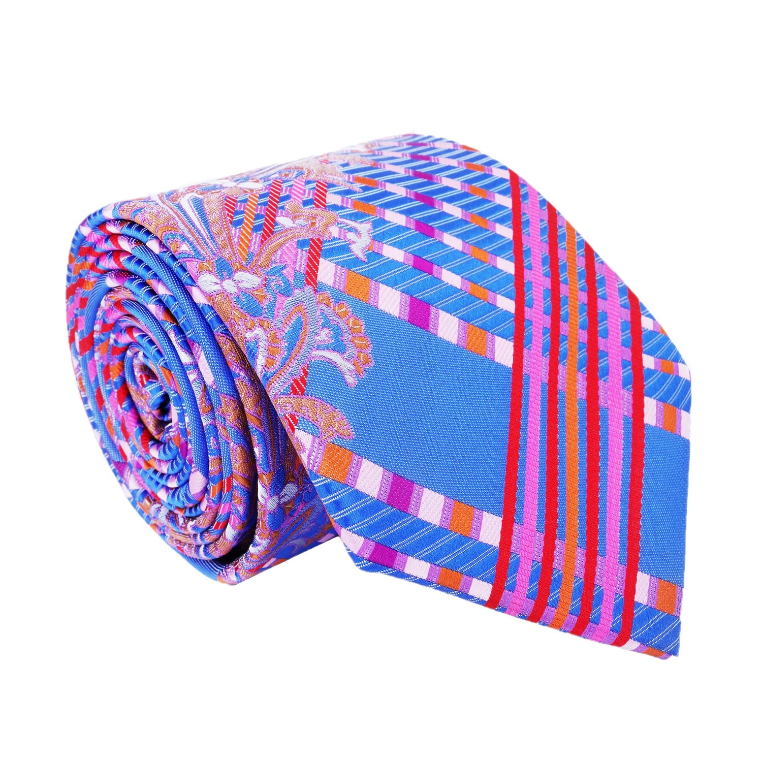 A Pink, Blue Intricate Abstract Floral Pattern Silk Necktie 