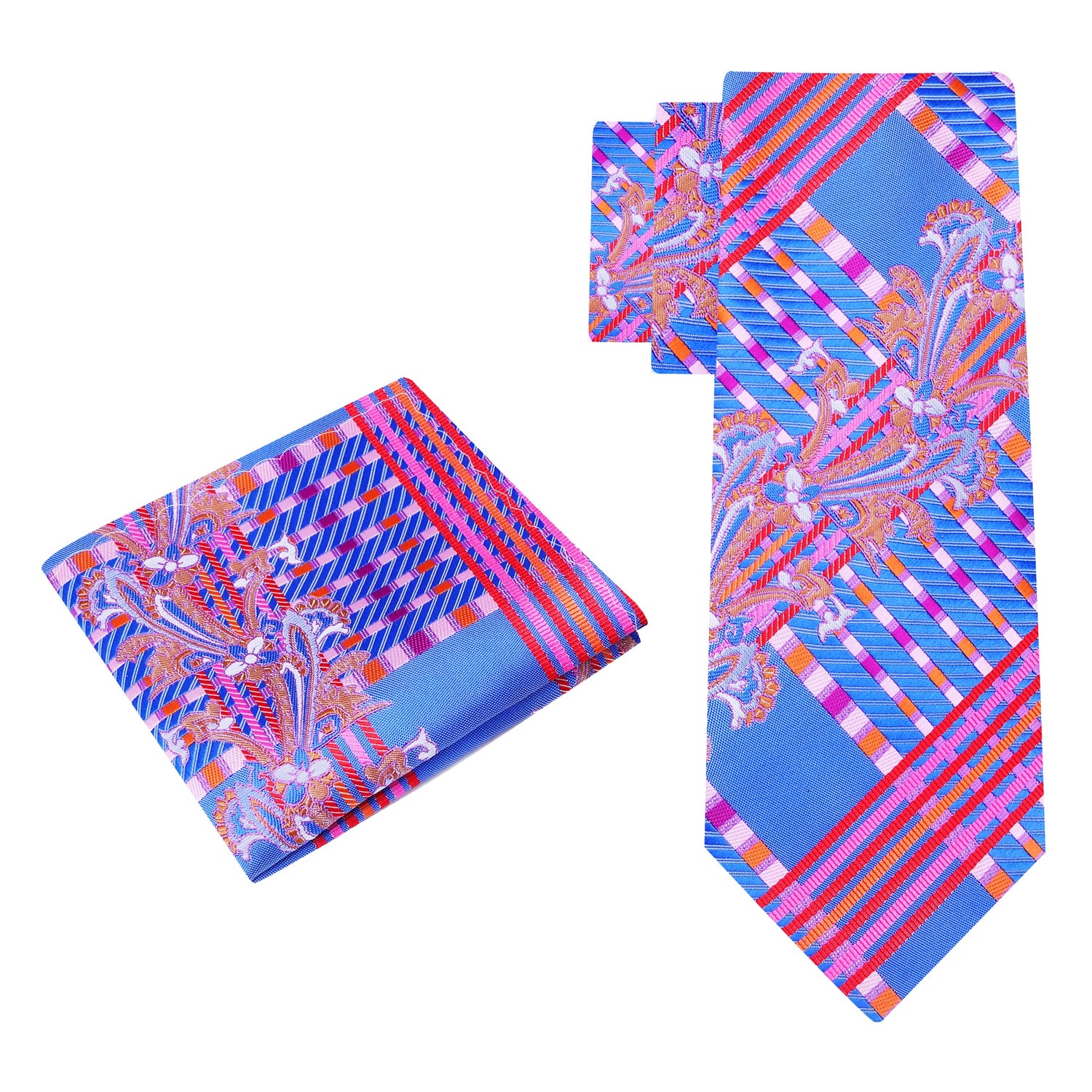 Alt View: A Pink, Blue Intricate Abstract Floral Pattern Silk Necktie, Matching Pocket Square
