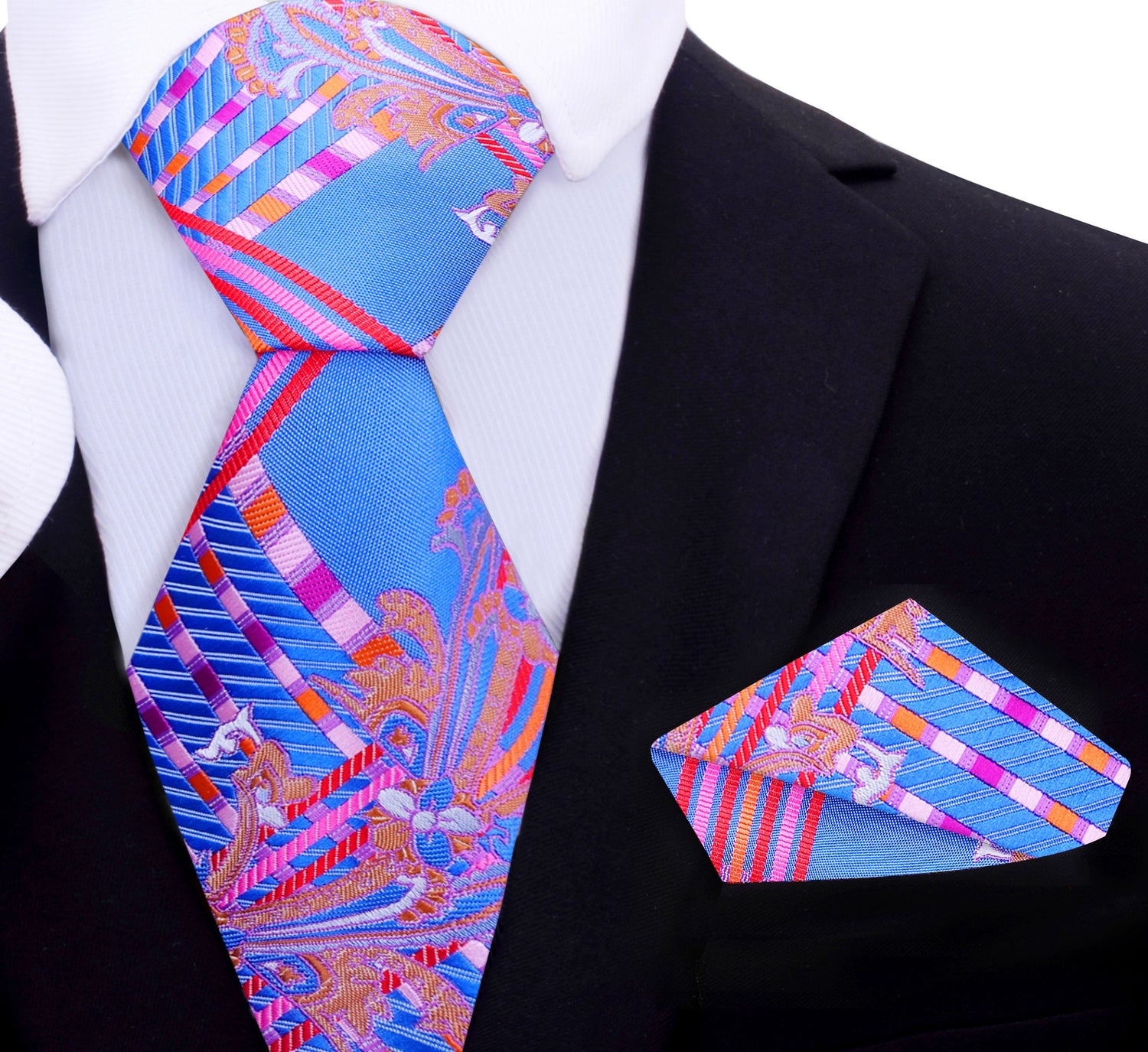 A Pink, Blue Intricate Abstract Floral Pattern Silk Necktie, Matching Pocket Square