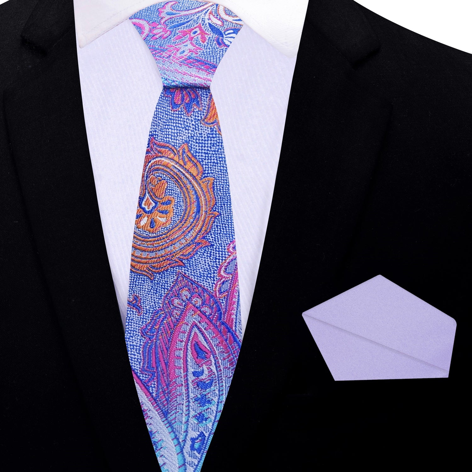 Thin Tie: Blue, Pink Orange Paisley Silk Tie and Accenting Light Purple Pocket Square
