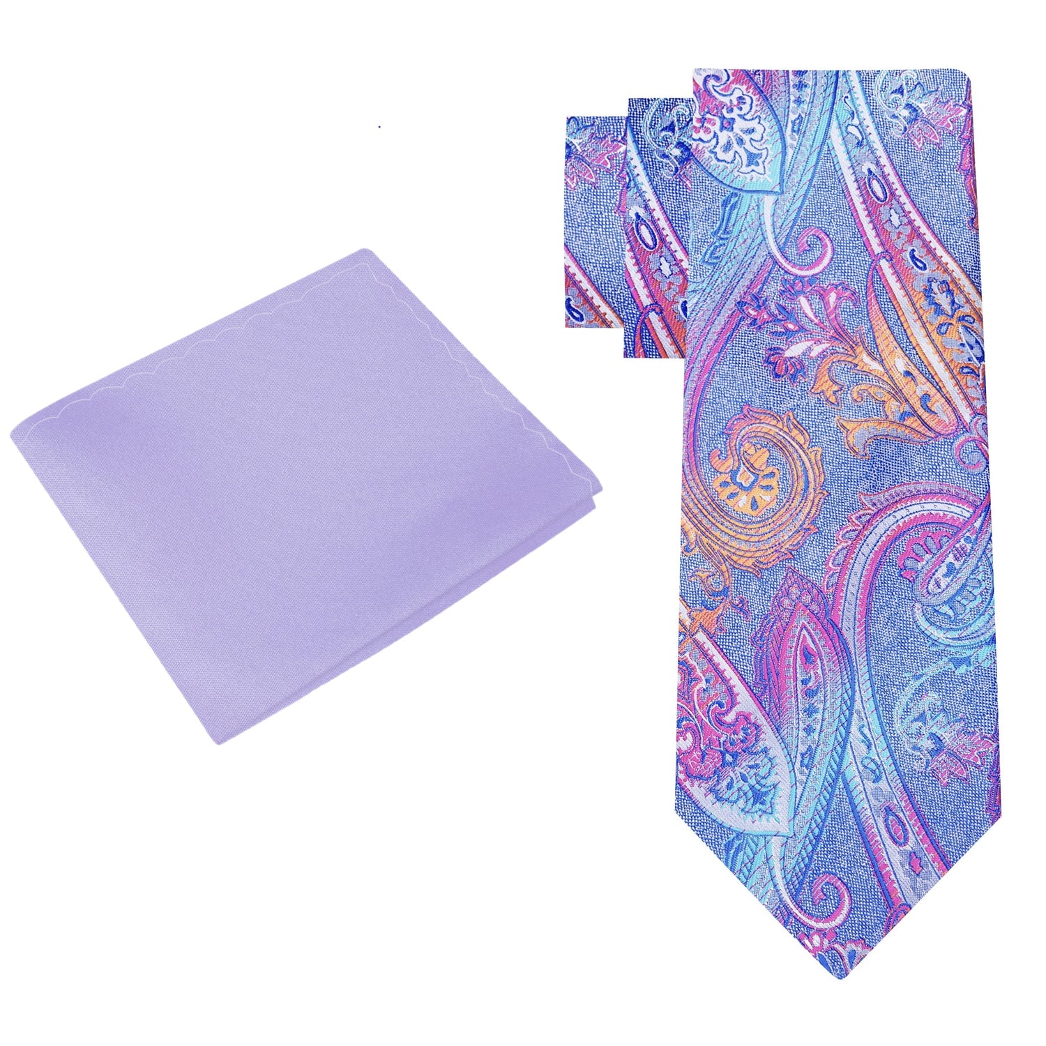 Alt View: Blue, Pink Orange Paisley Silk Tie and Accenting Light Purple Pocket Square