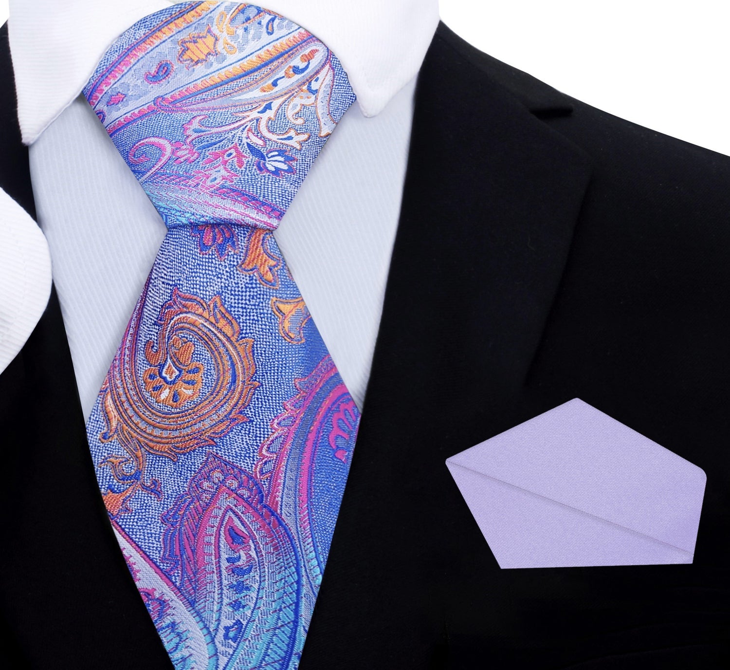 Blue, Pink Orange Paisley Silk Tie and Accenting Light Purple Pocket Square