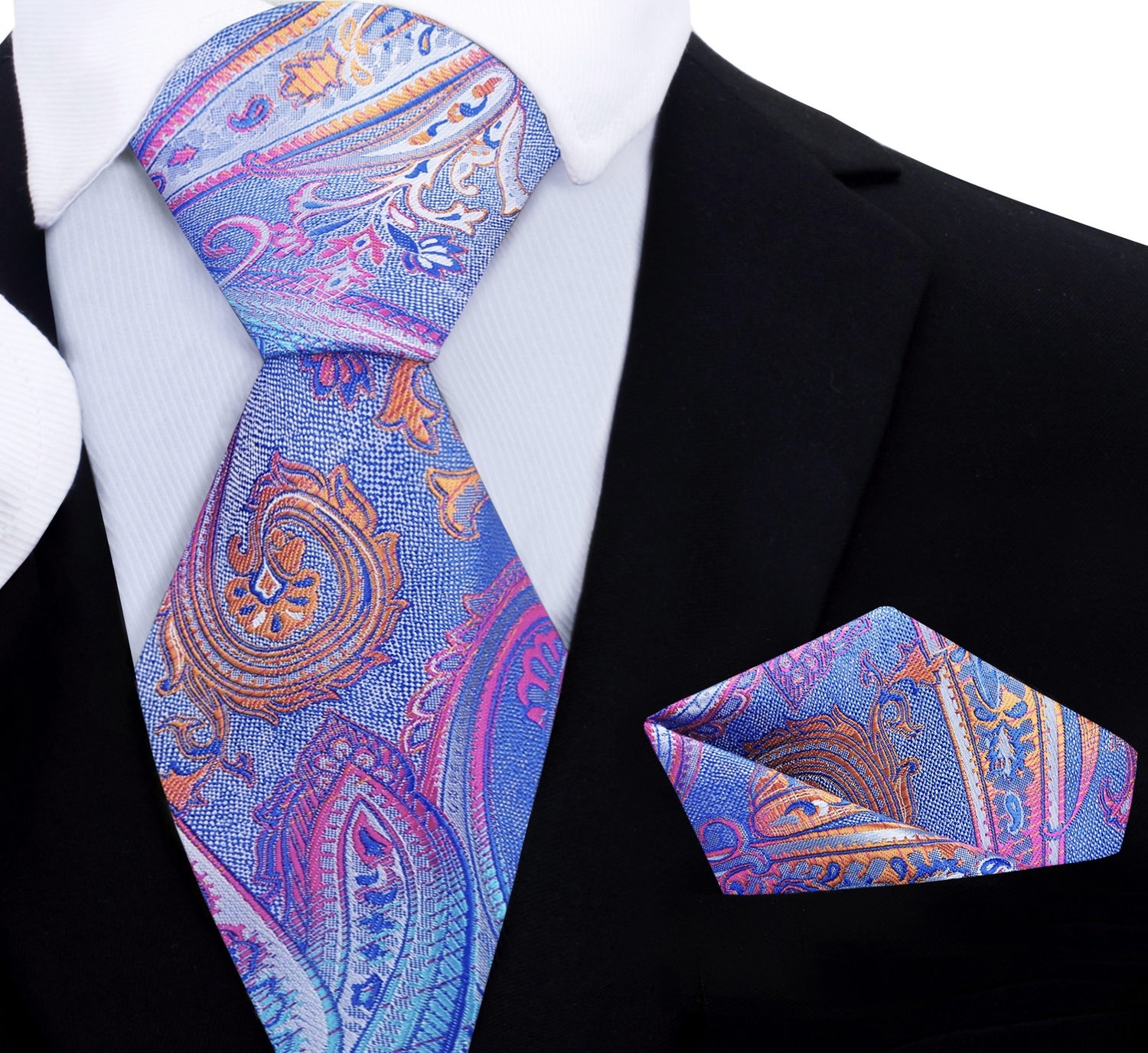 Blue, Pink Orange Vice Paisley Tie and Pocket Square