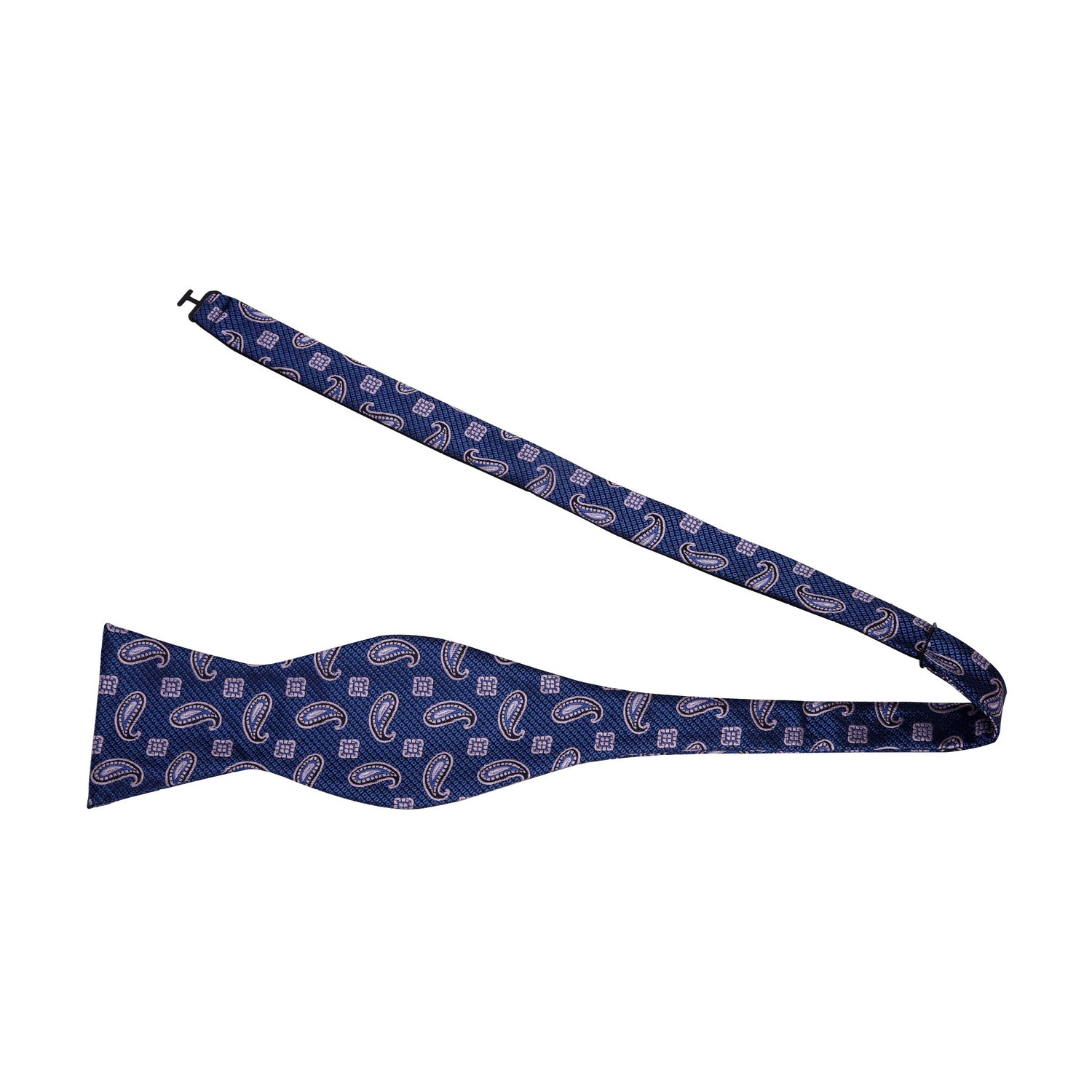 A Deep Blue, Pink Paisley Pattern Silk Self Tie Bow Tie Untied