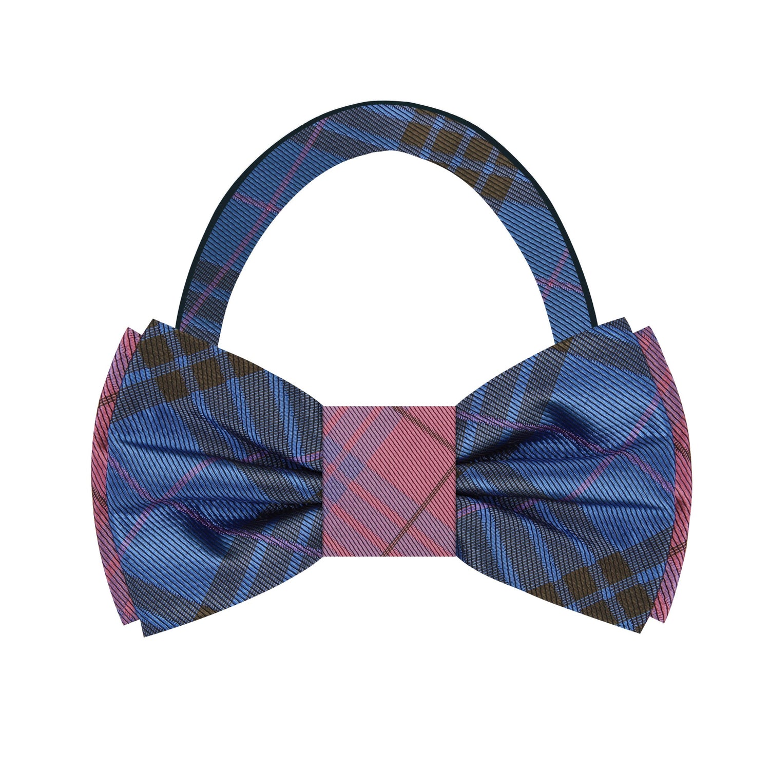 Blue, pink and brown double sided plaid bow tie pre tied