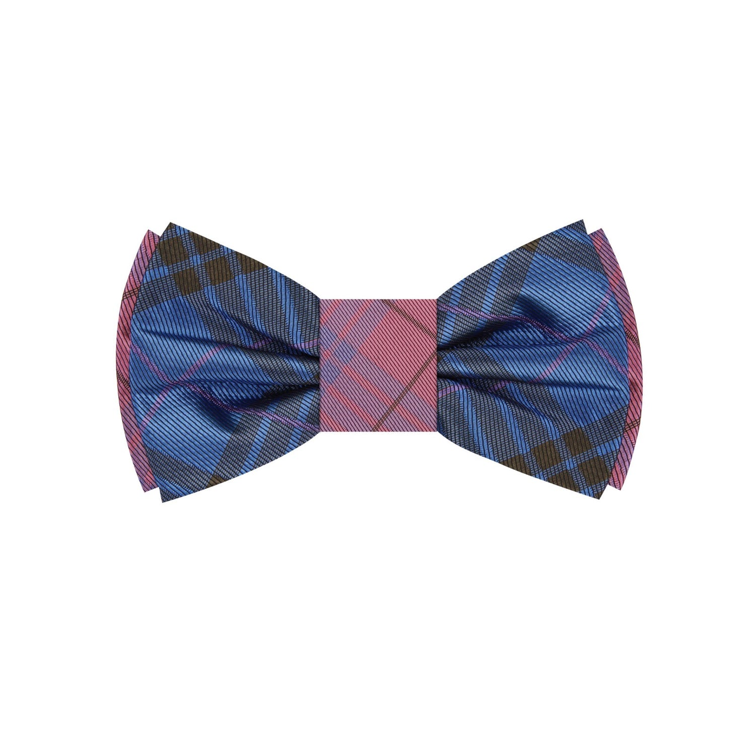 Blue, pink and brown double sided plaid bow tie single