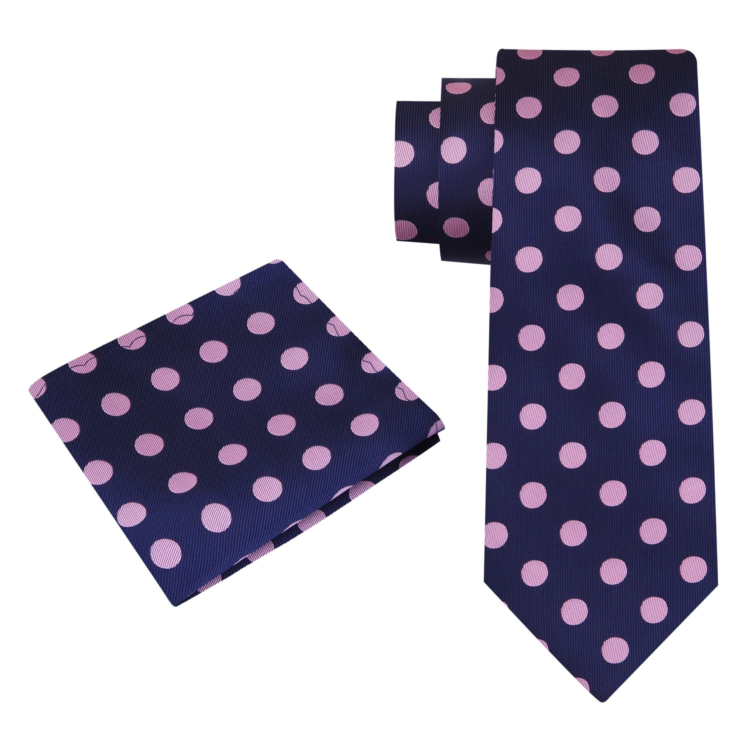 Alt view: A Dark Blue, Pink Dot Pattern Silk Necktie, Matching Pocket Square
