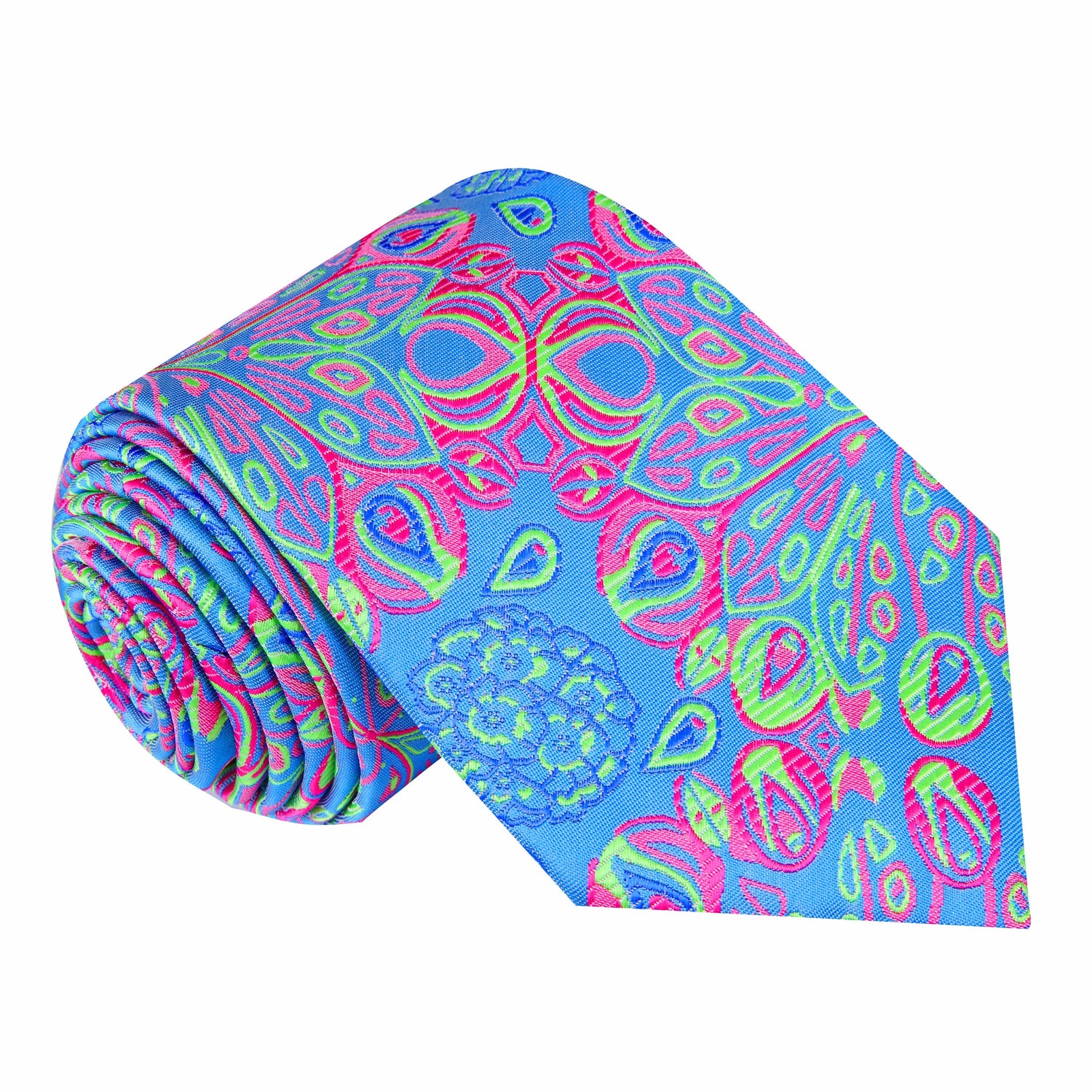 A Neon Yellow, Pink, Light Blue, Green Abstract Peacock Feather Pattern Silk Necktie 
