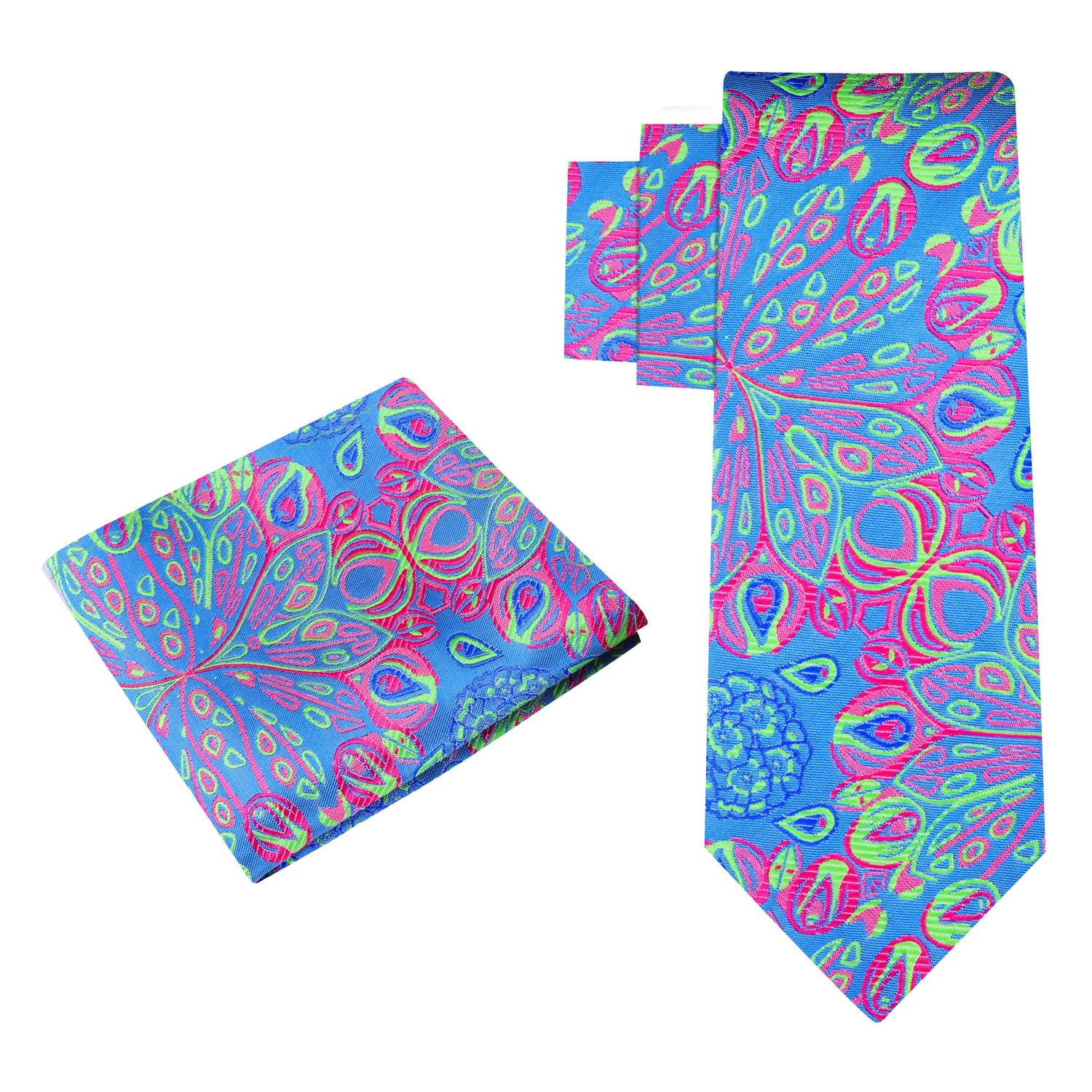 Alt View: A Neon Yellow, Pink, Light Blue, Green Abstract Peacock Feather Pattern Silk Necktie, Matching Pocket Square