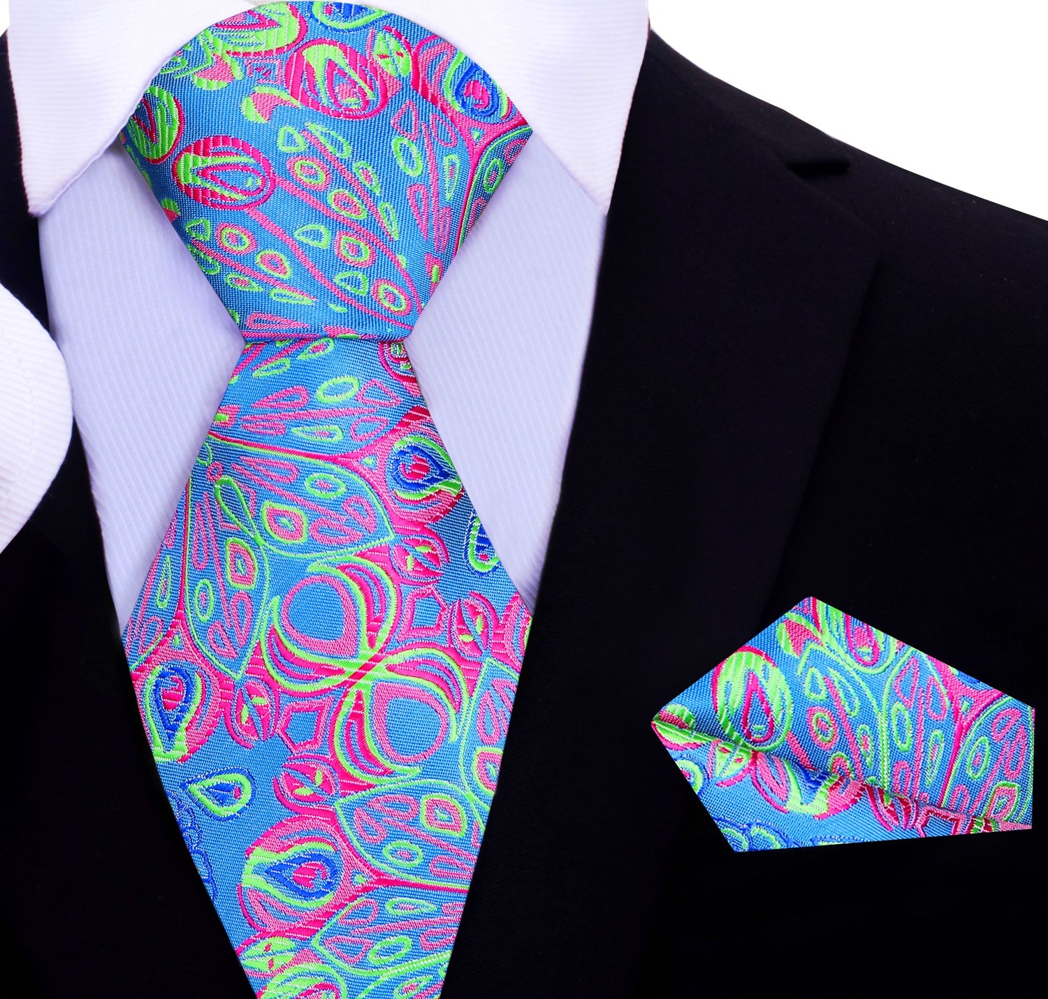 A Neon Yellow, Pink, Light Blue, Green Abstract Peacock Feather Pattern Silk Necktie, Matching Pocket Square