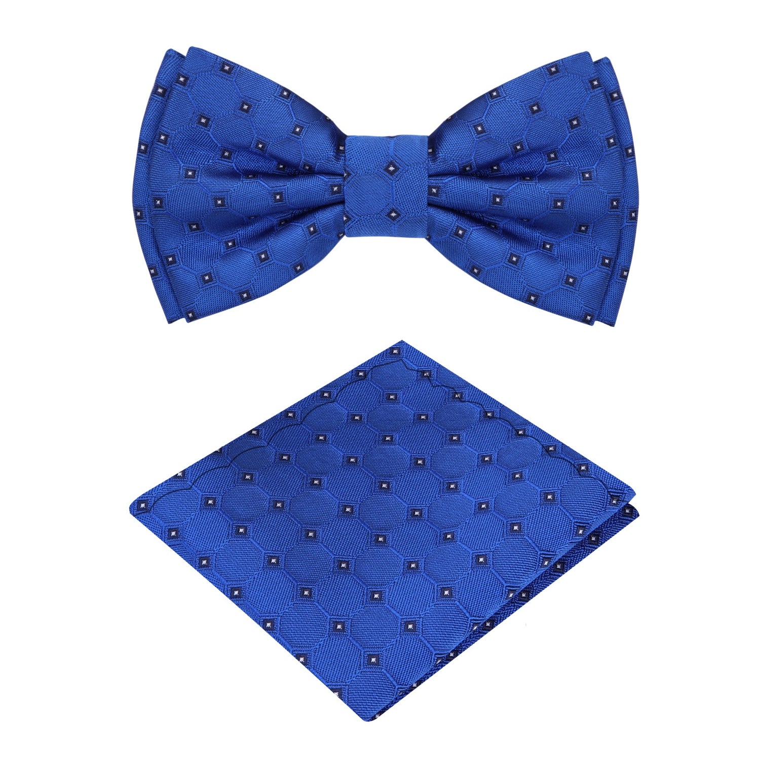 Blue Geometric Bow Tie and Pocket Square