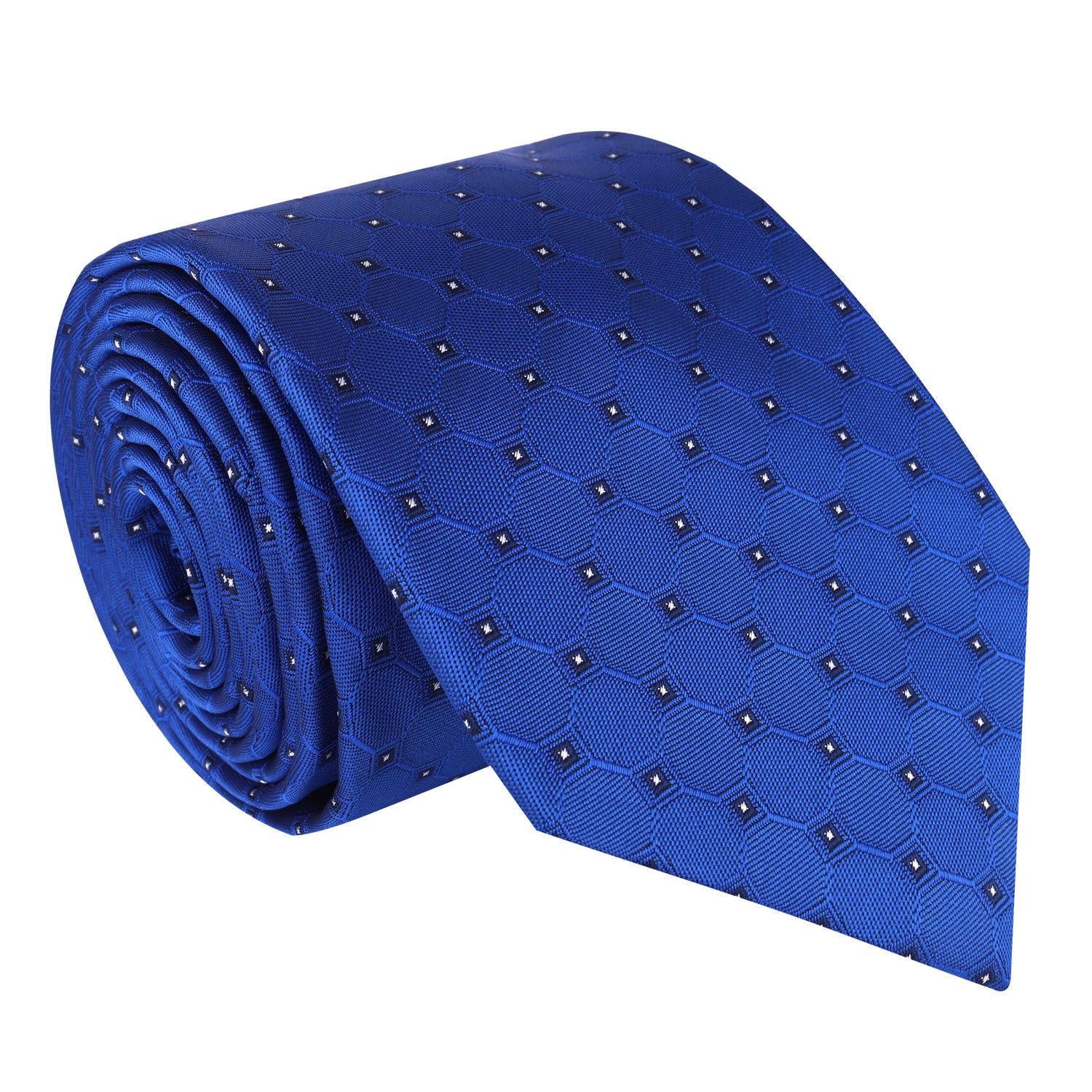 A Blue, Black, White Geometric Texture With Small Black, White Checks Silk Necktie 