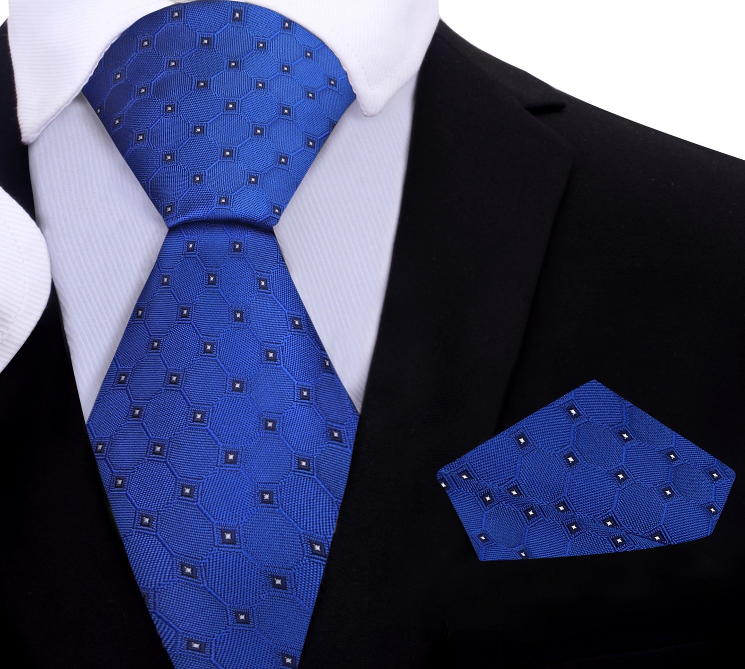 A Blue, Black, White Geometric Texture With Small Black, White Checks Silk Necktie, Pocket Square