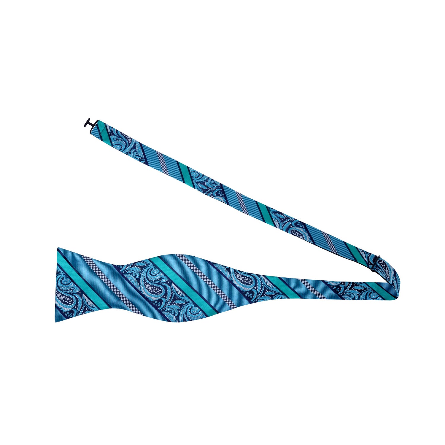 An Aqua and Seam foam Stripe and Paisley Pattern Silk Self Tie Bow Tie Untied