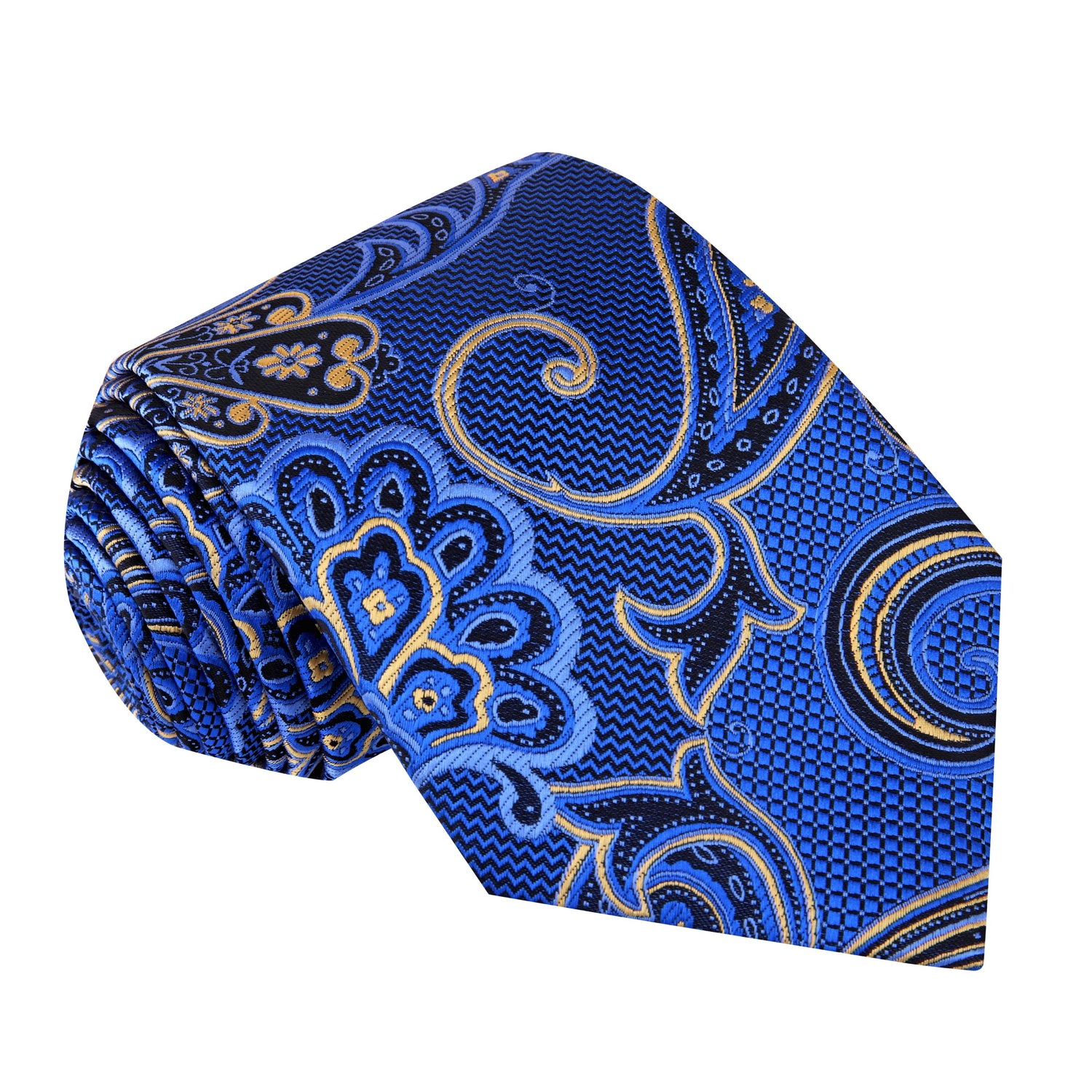 A Blue, Gold, Black Color Paisley Pattern Silk Necktie 