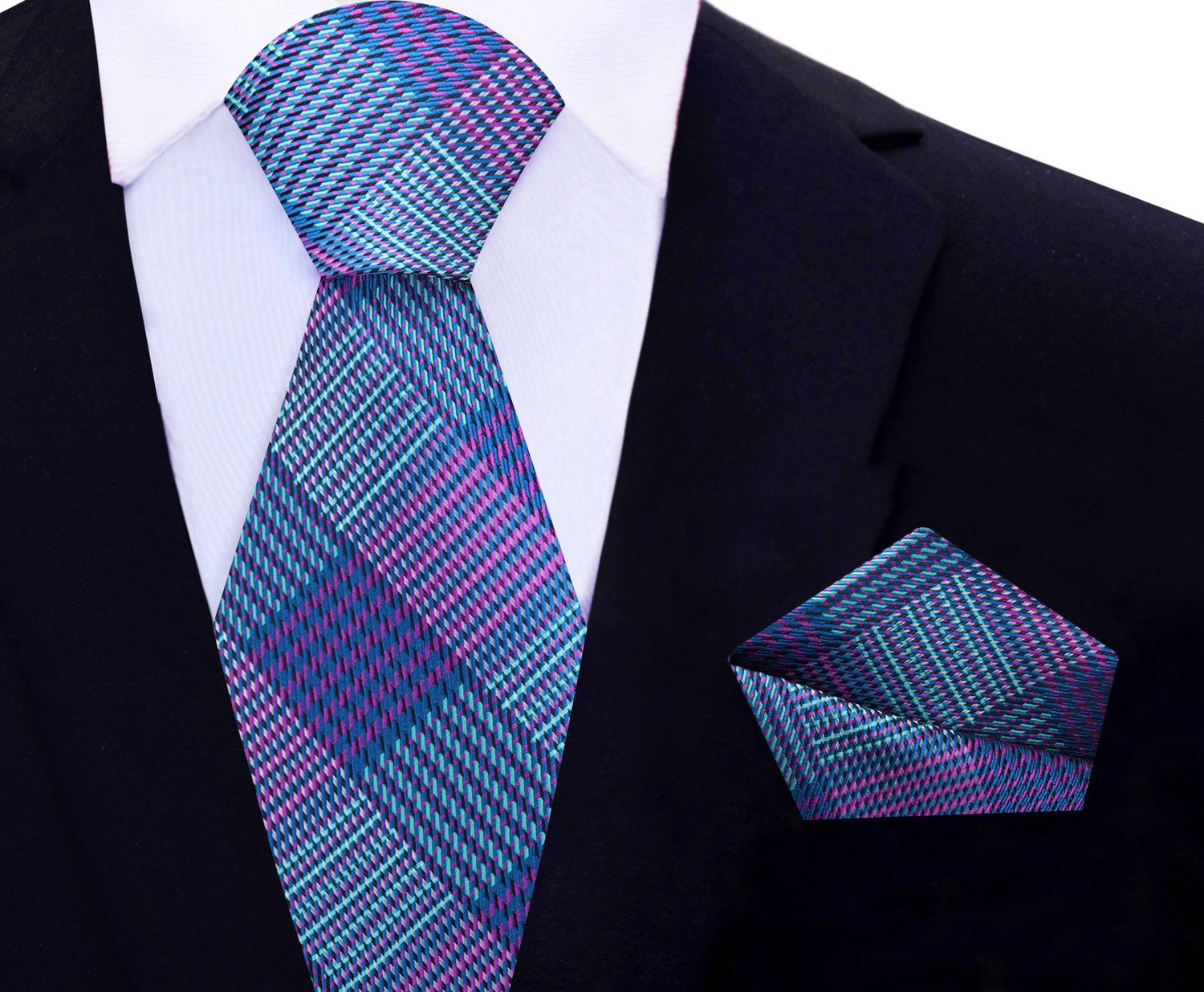 Blue, Purple Plaid Necktie and Matching Square