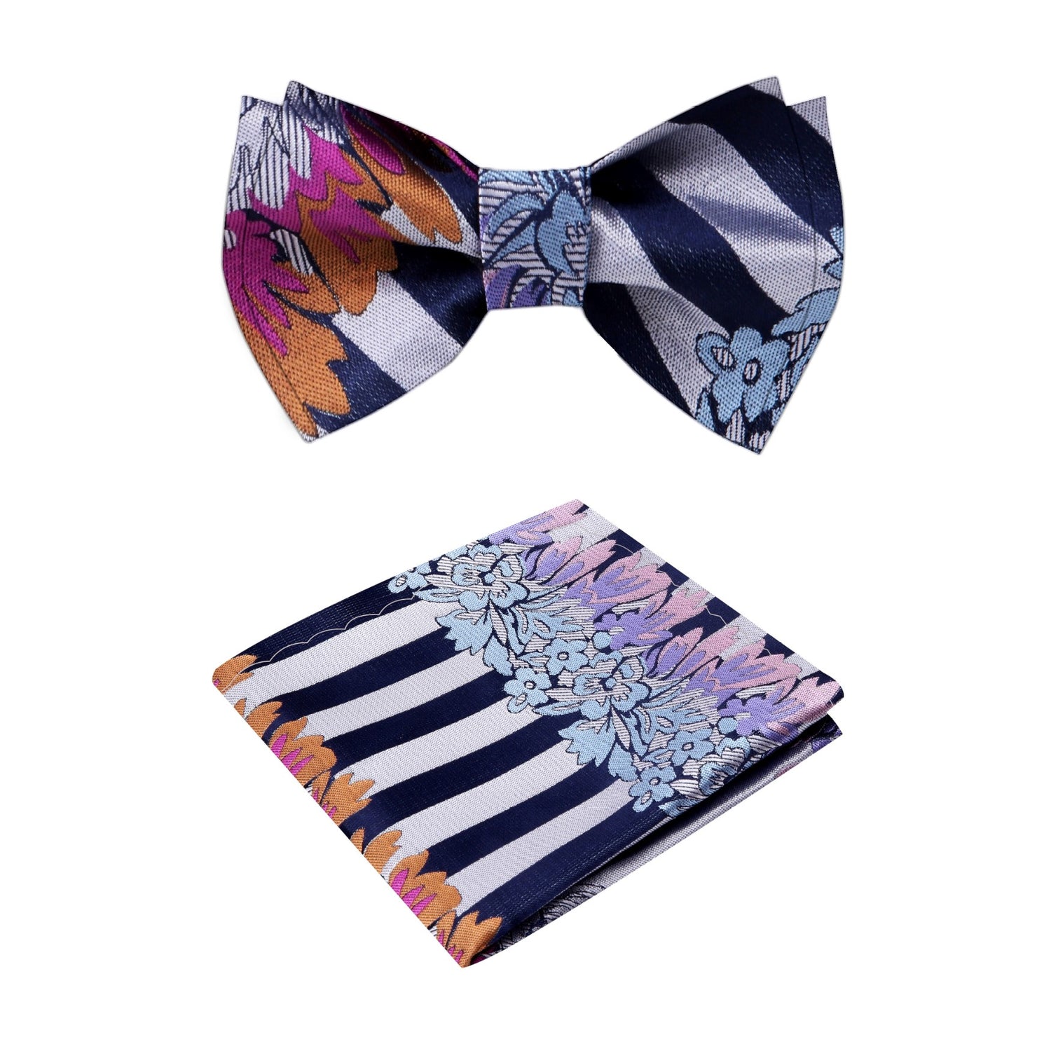Grey, Blue, Orange, Pink Abstract Floral Bow Tie and Pocket Square