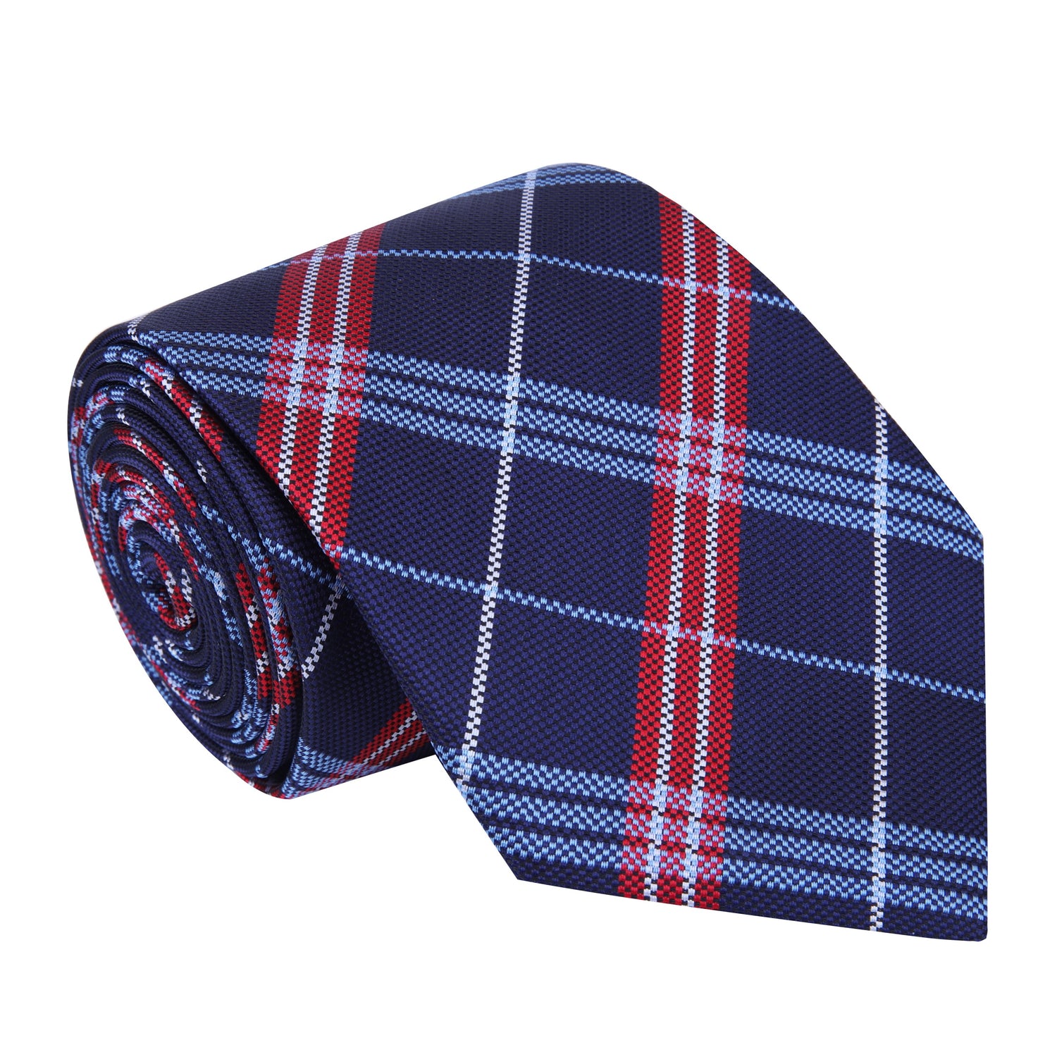 A Dark Blue, Red Plaid Pattern Silk Necktie 