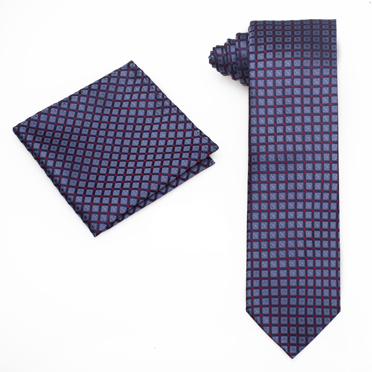Alt view: A Deep Blue, Red Check Pattern Silk Necktie, Matching Pocket Square
