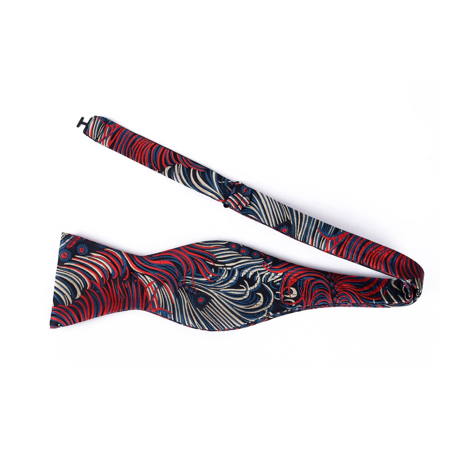 A Blue, Red, Cream Abstract Peacock Pattern Silk Self Tie Bow Tie Untied