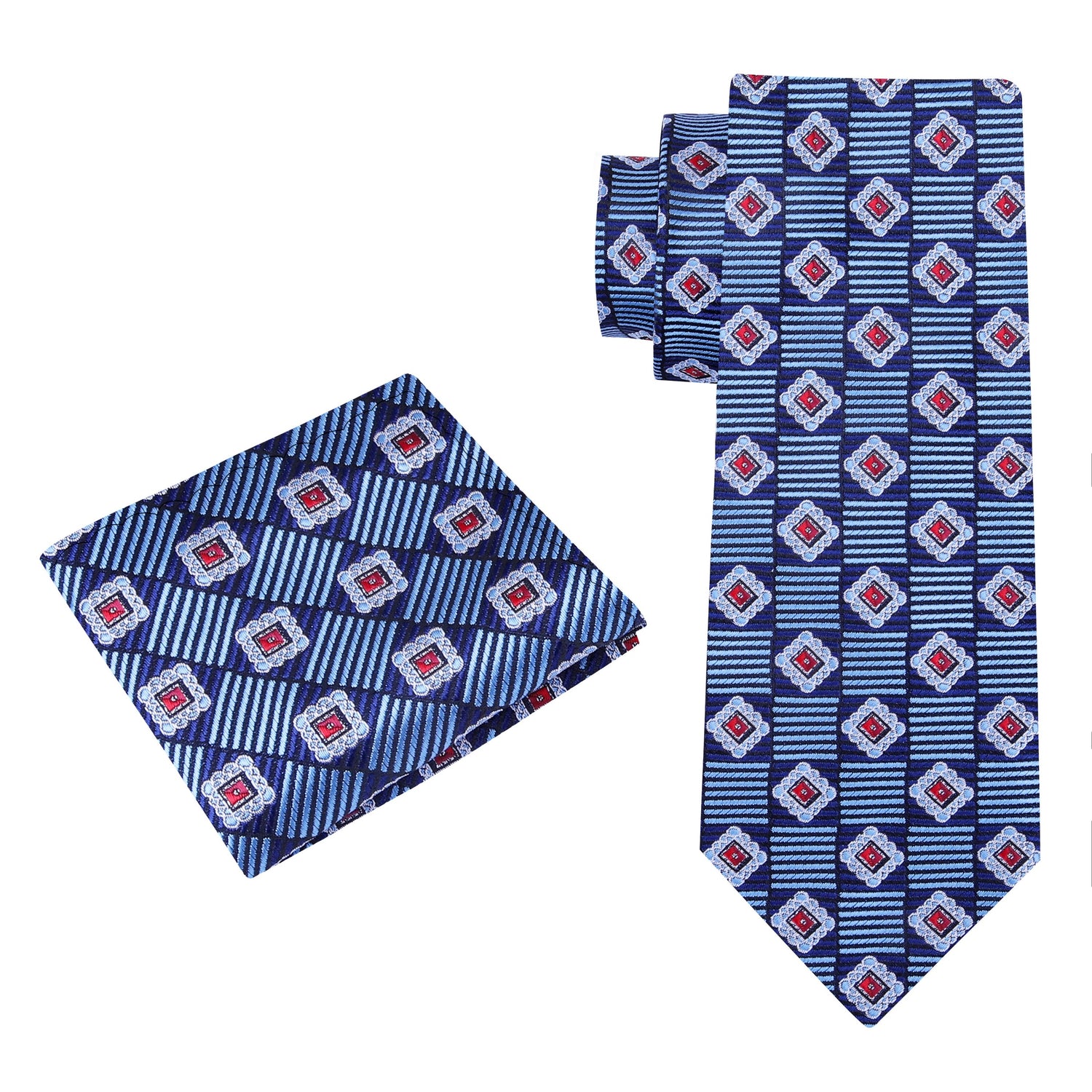 Alt View: A Blue, Red Geometric Pattern Silk Necktie, Matching Pocket Square