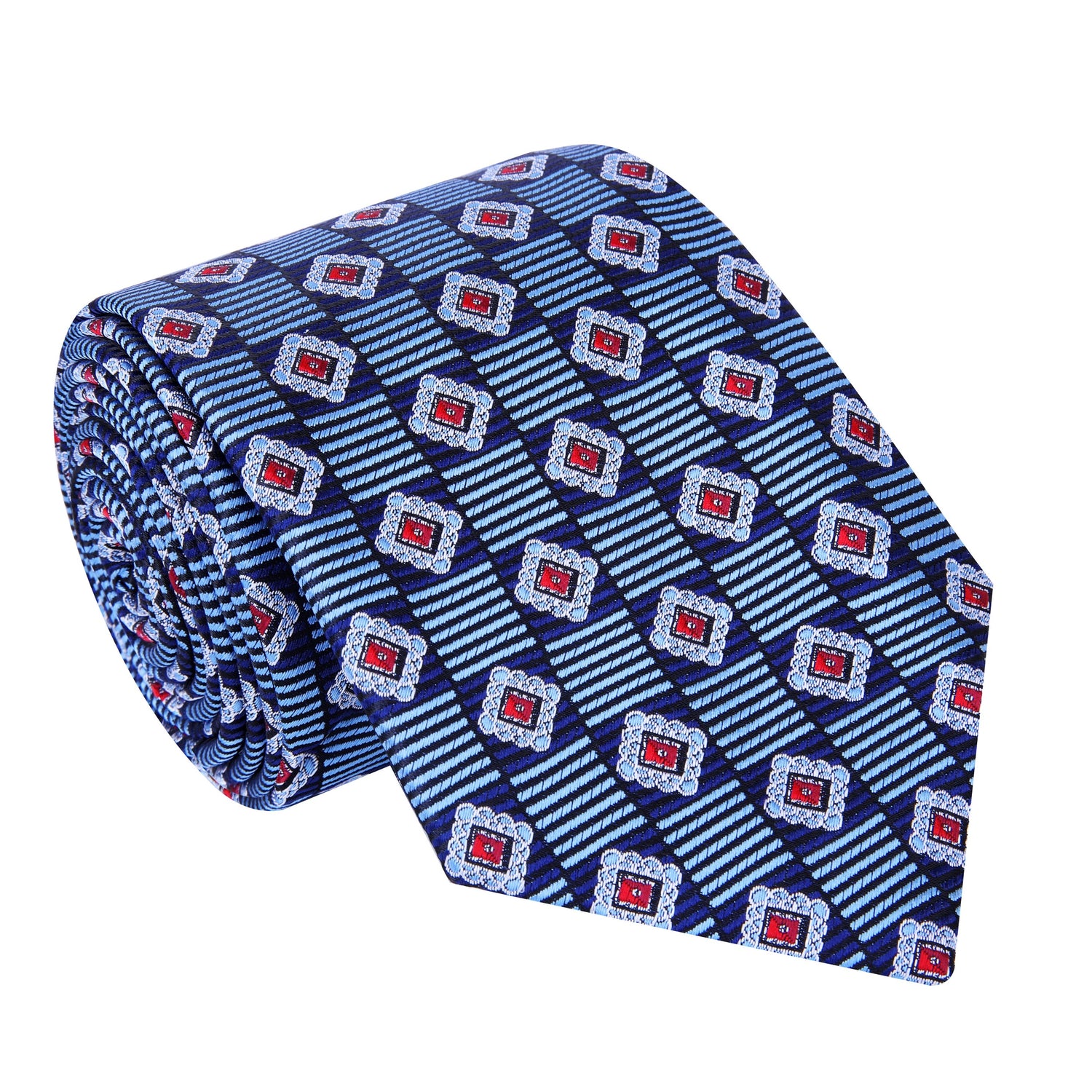 A Blue, Red Geometric Pattern Silk Necktie