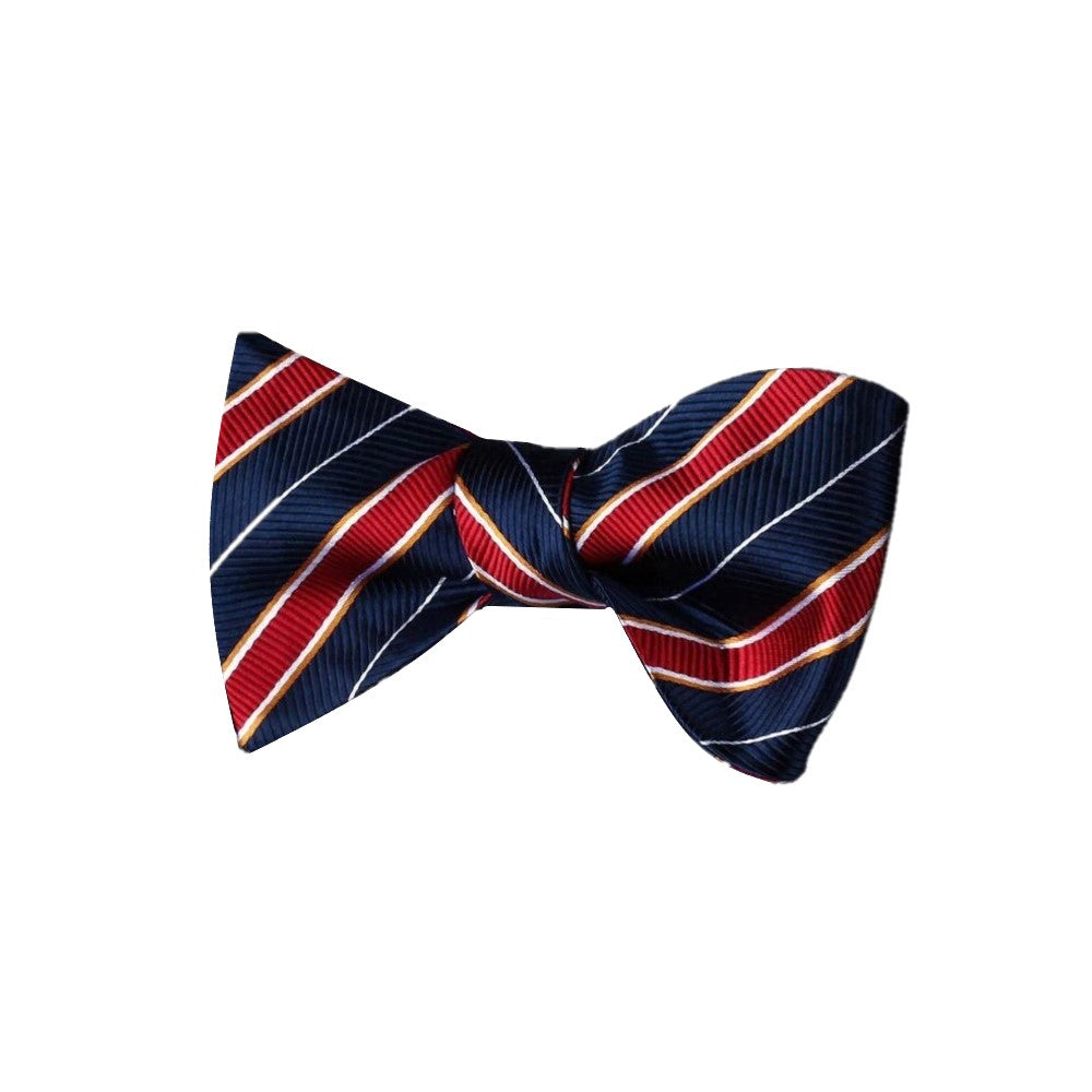 A Dark Blue, Red Stripe Pattern Silk Self Tie Bow Tie 