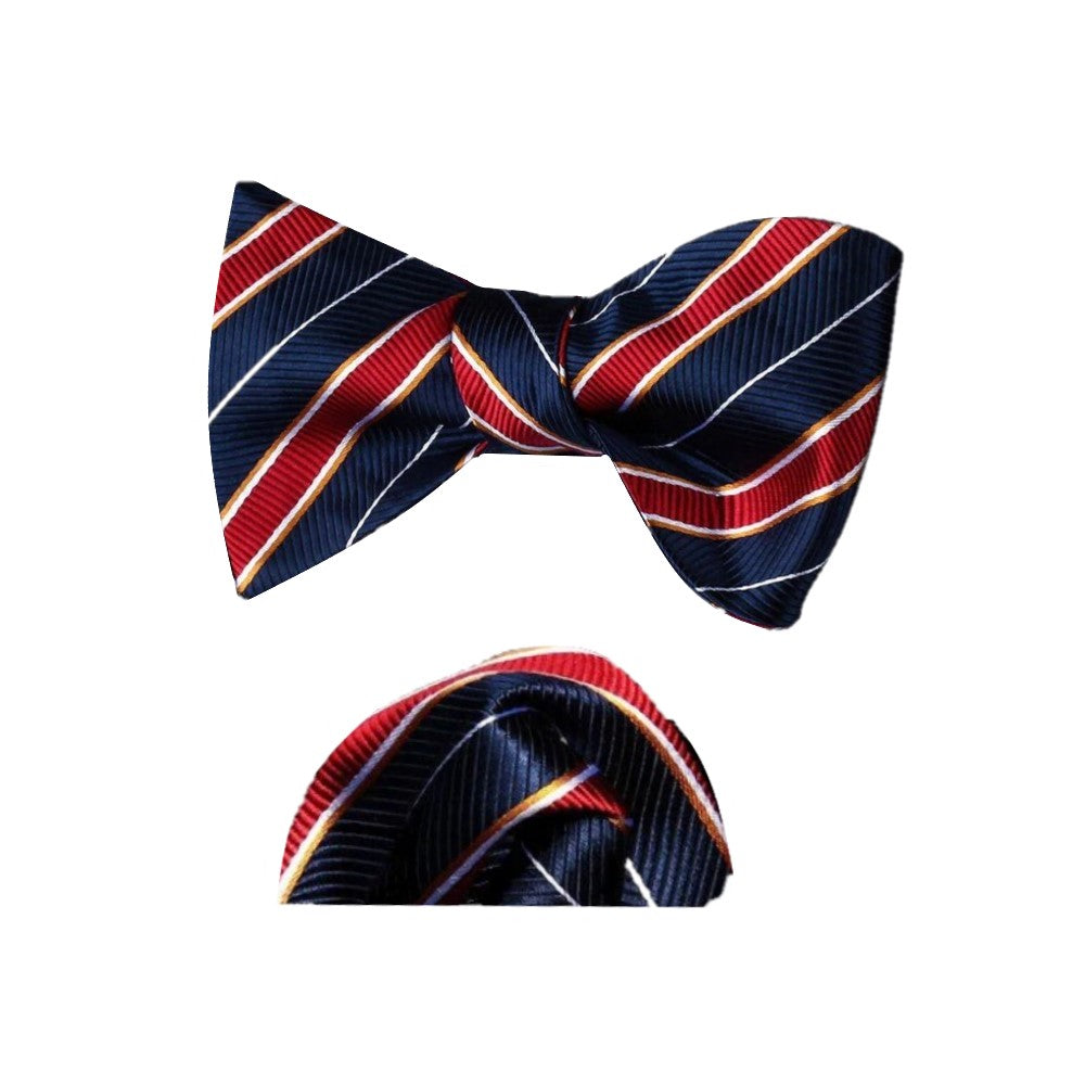 A Dark Blue, Red Stripe Pattern Silk Self Tie Bow Tie, Matching Pocket Square