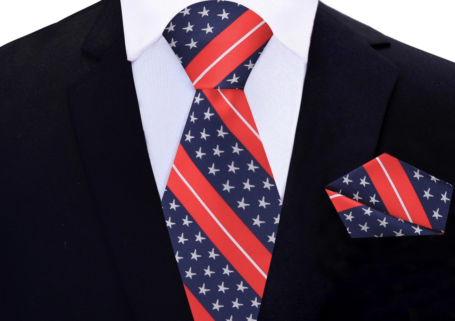 Main: Blue, Red, Grey New Stars and Stripes Tie and Pocket Square