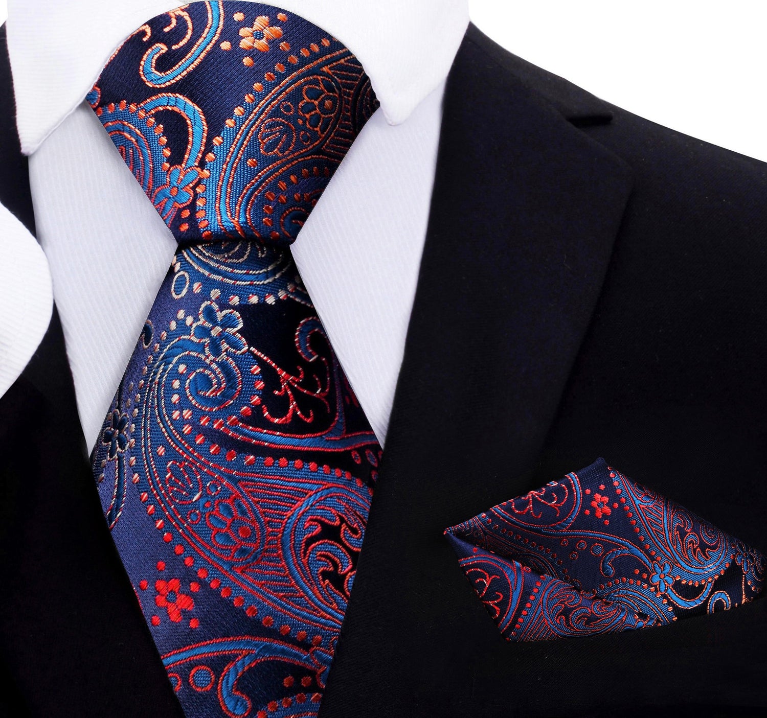 blue, red paisley tie and pocket square