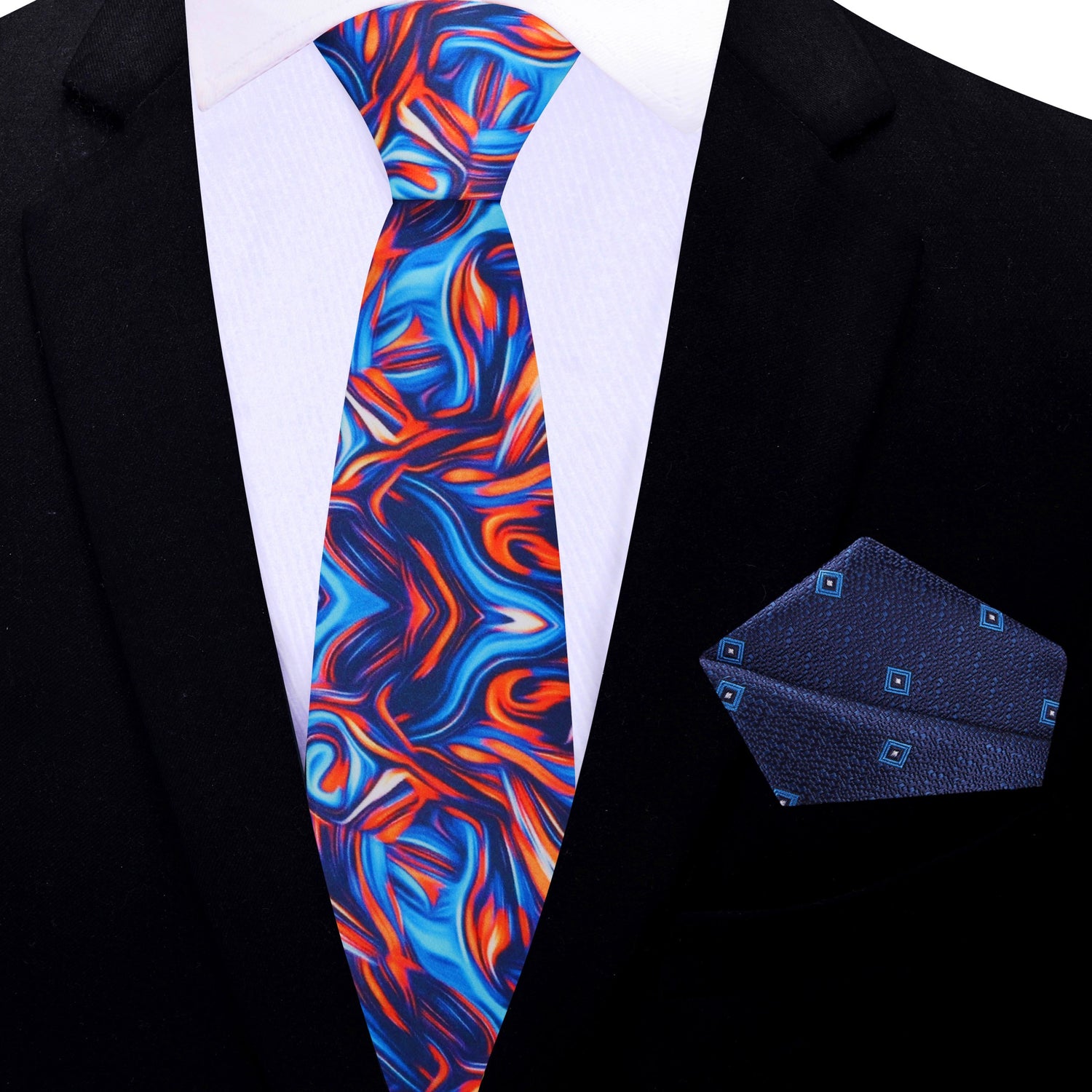 Blue, Orange Abstract Thin Tie and Abstract Blue, Light Blue Geometric Square