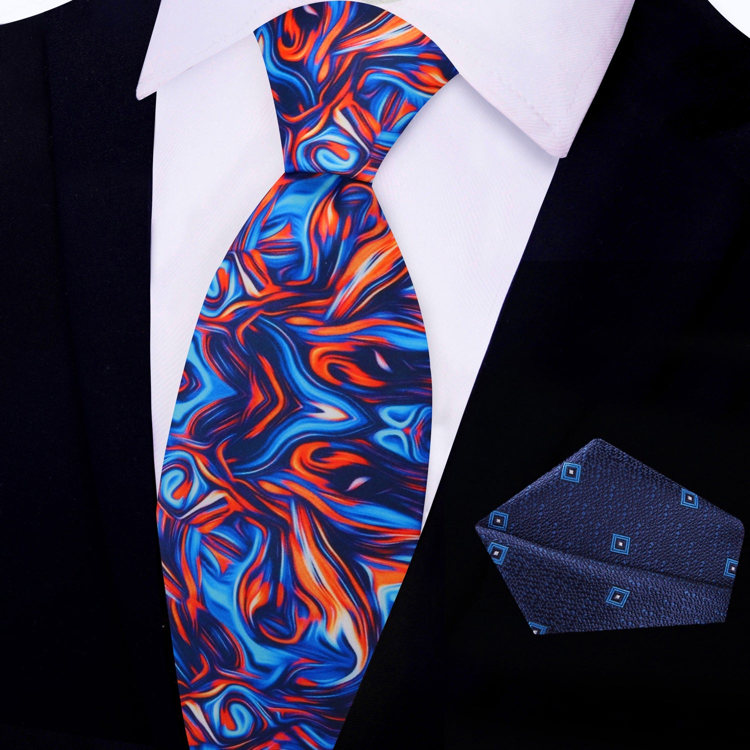 Main View: Blue, Orange Abstract Tie and Abstract Blue, Light Blue Geometric Square