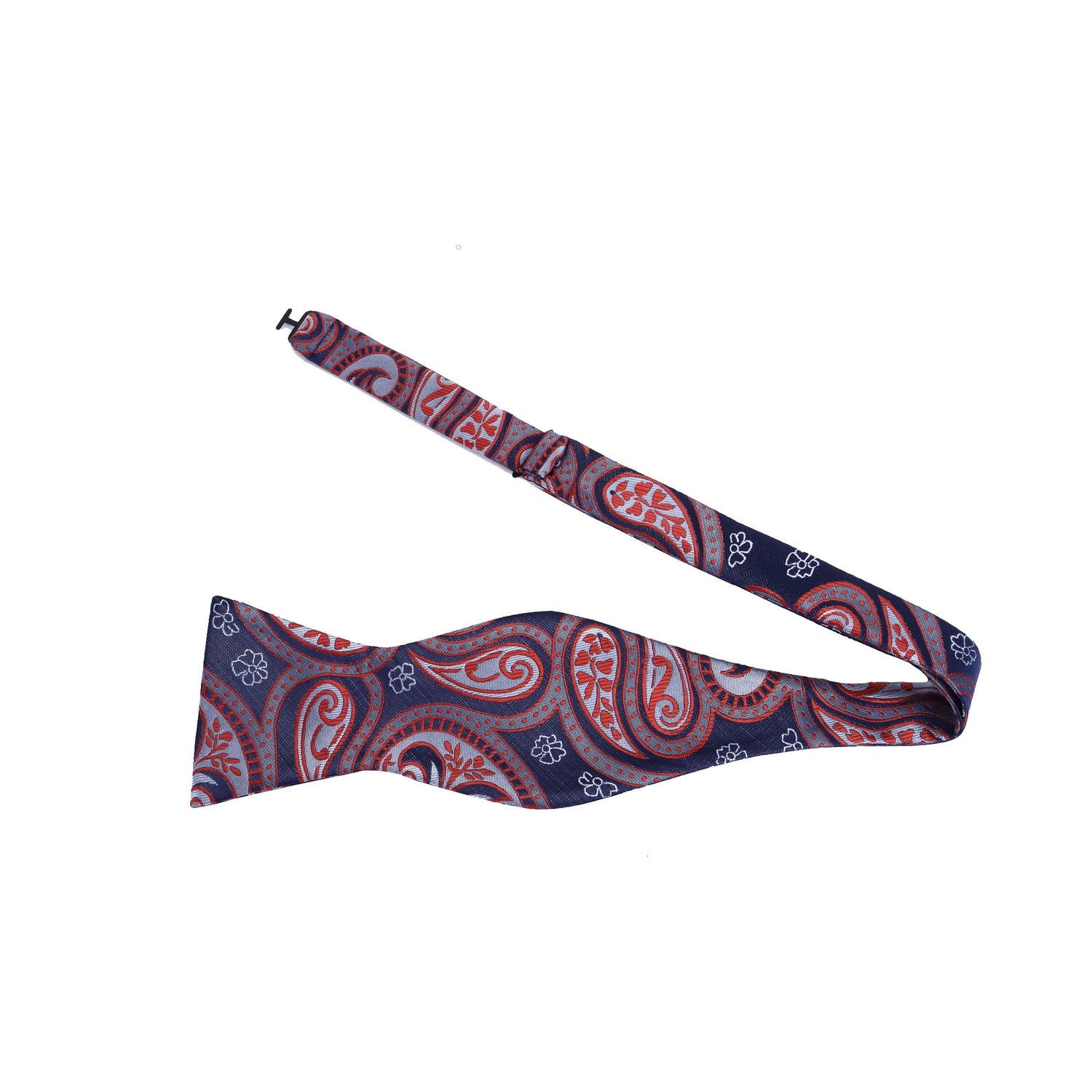 A Red, Blue Paisley Pattern Silk Self Tie Bow Tie Untied