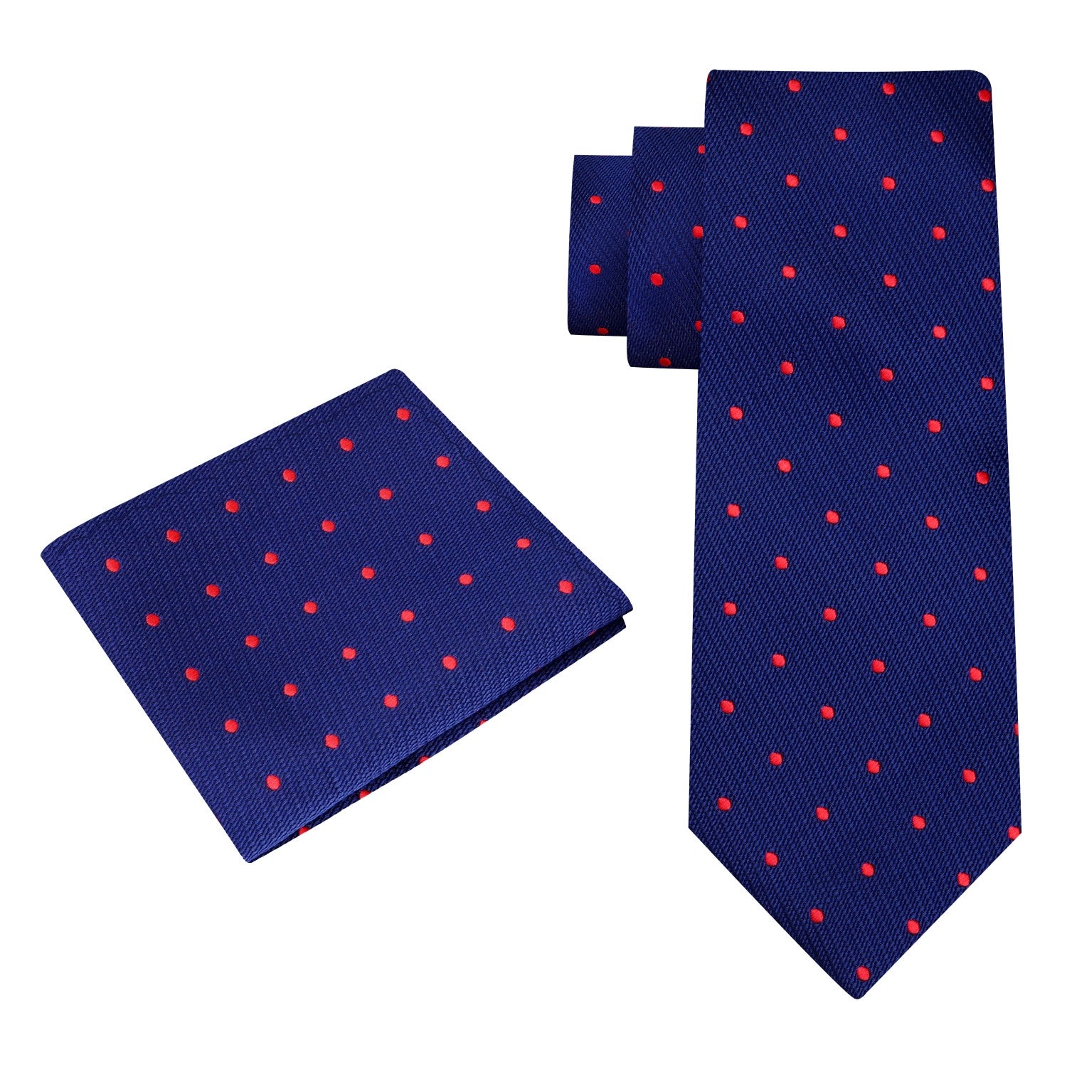 Alt View: A Blue, Red Small Polka Dots Pattern Silk Necktie, Matching Pocket Square