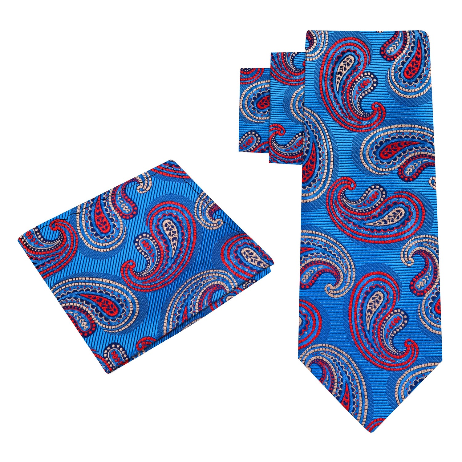 Alt View: Blue, Red Paisley Pattern Silk Necktie, With Matching Pocket Square 