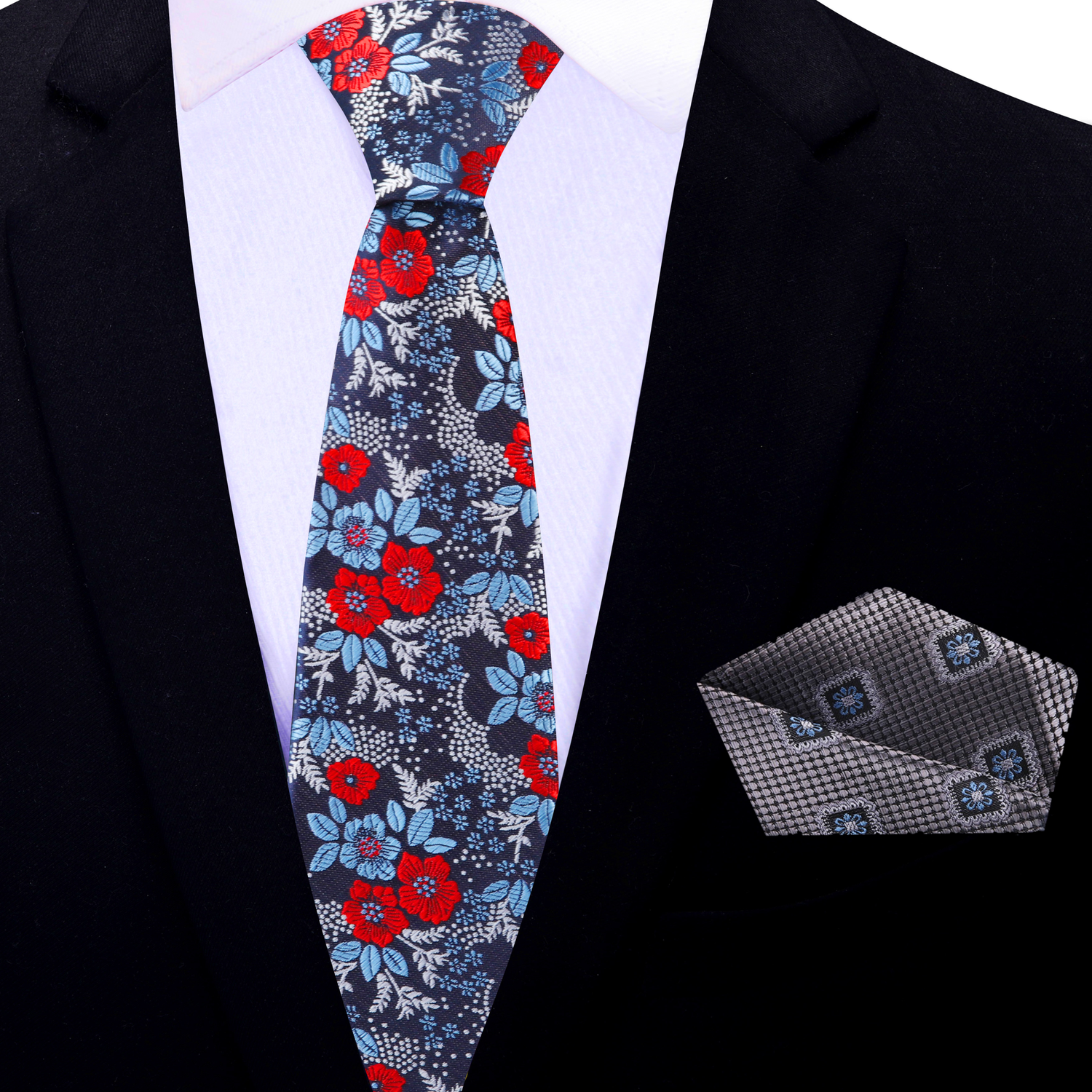 Thin Tie: Blue, Red, Silver Floral Necktie with Accenting Grey, Blue Geometric Square
