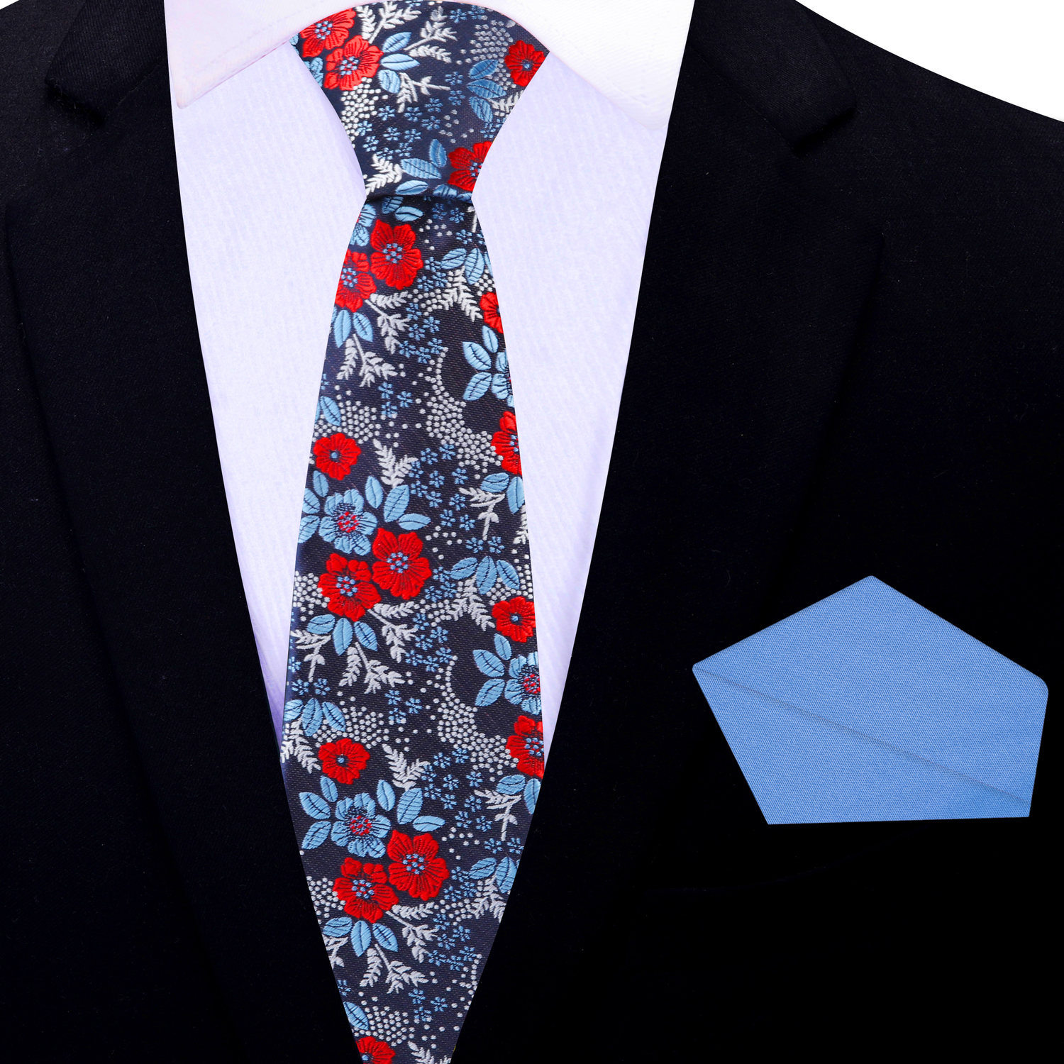 Thin Tie: Blue, Red, Silver Floral Necktie with Accenting Blue Square