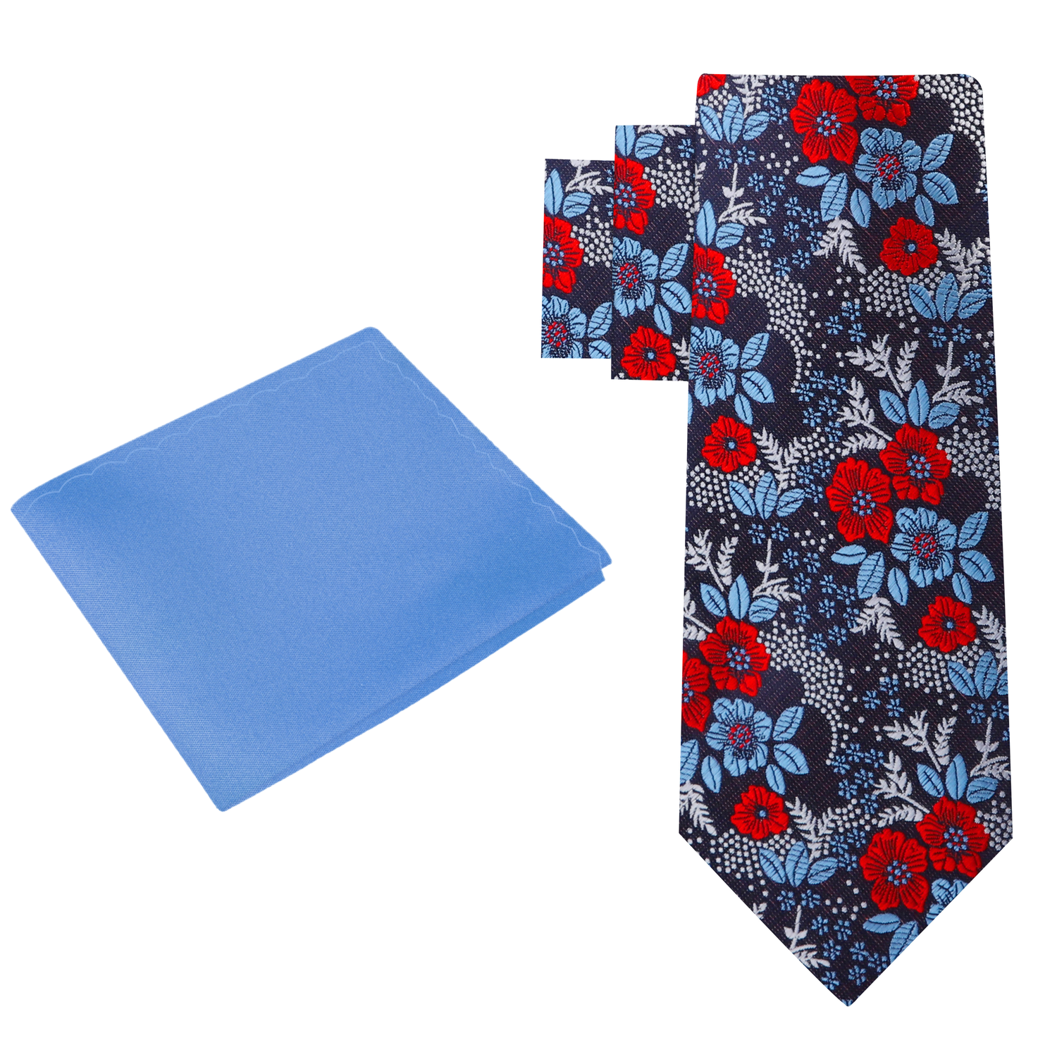 Alt View: Blue, Red, Silver Floral Necktie with Accenting Blue Square