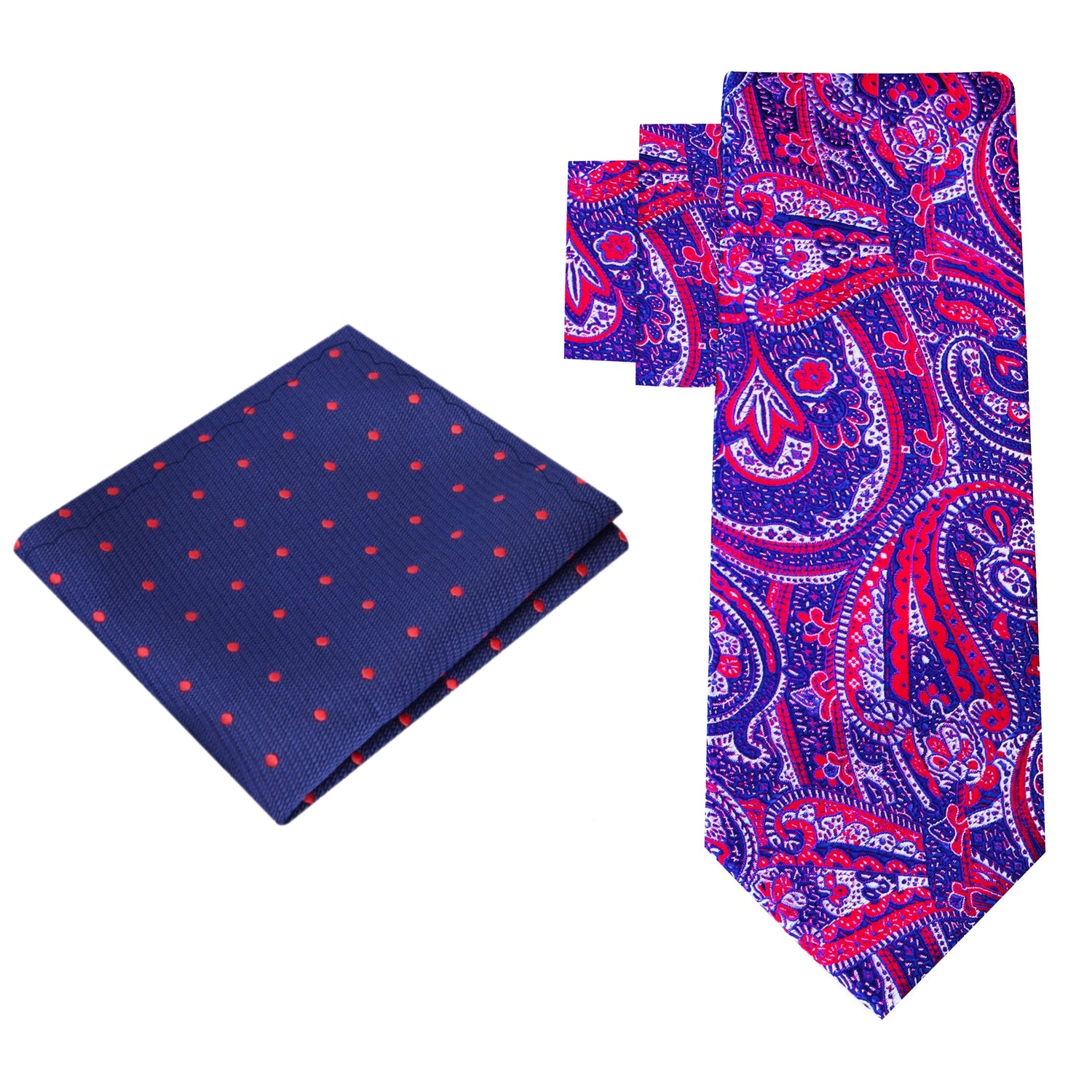 Alt View: A Red, White, Blue Intricate Design And Paisley Pattern Silk Necktie, Blue, Red Dot Pocket Square