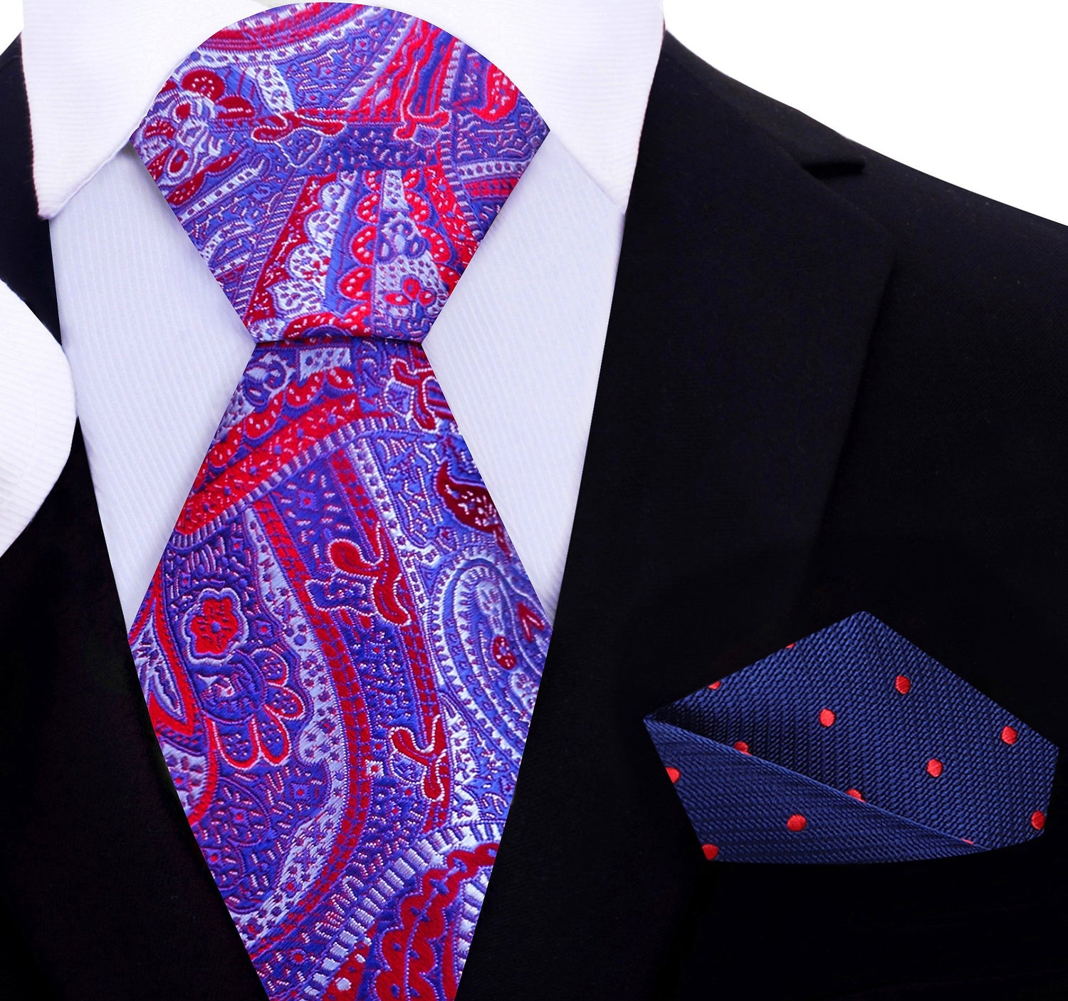 A Red, White, Blue Intricate Design And Paisley Pattern Silk Necktie, Blue, Red Dot Pocket Square
