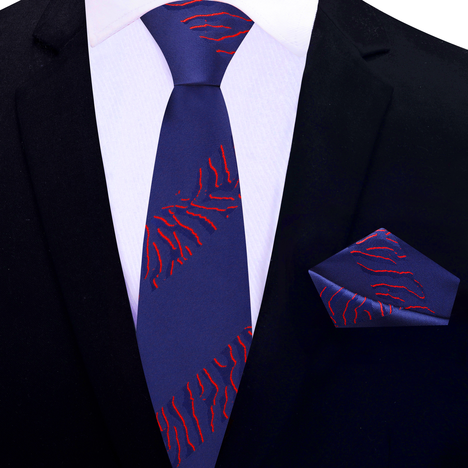 Blue, Red Tiger Pattern Thin Tie and Pocket Square
