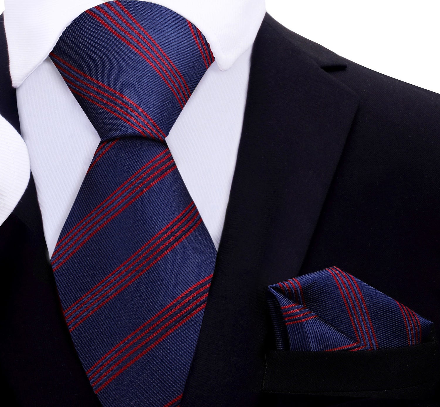 A Blue, Red Stripe Pattern Silk Necktie, Matching Pocket Square