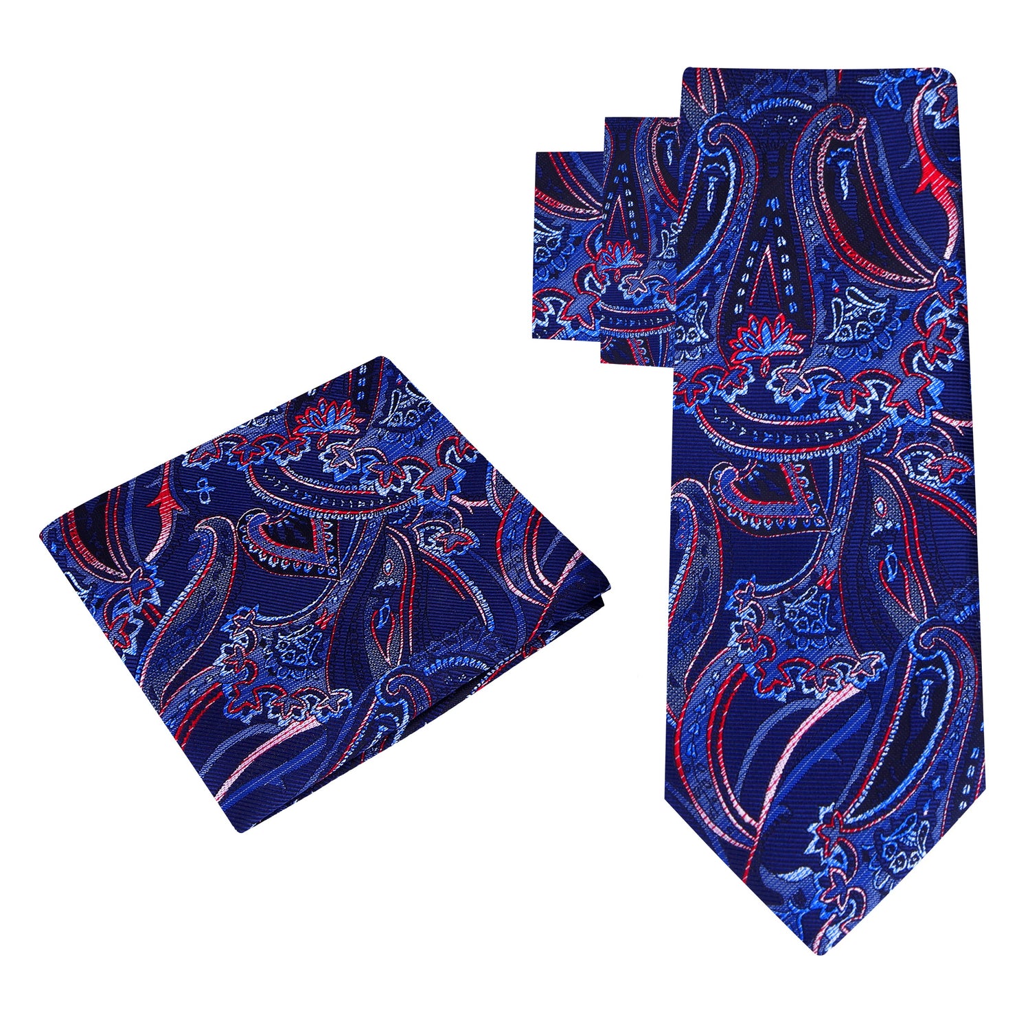 Alt View: A Blue, Red Paisley Pattern Silk Necktie, Matching Pocket Square 