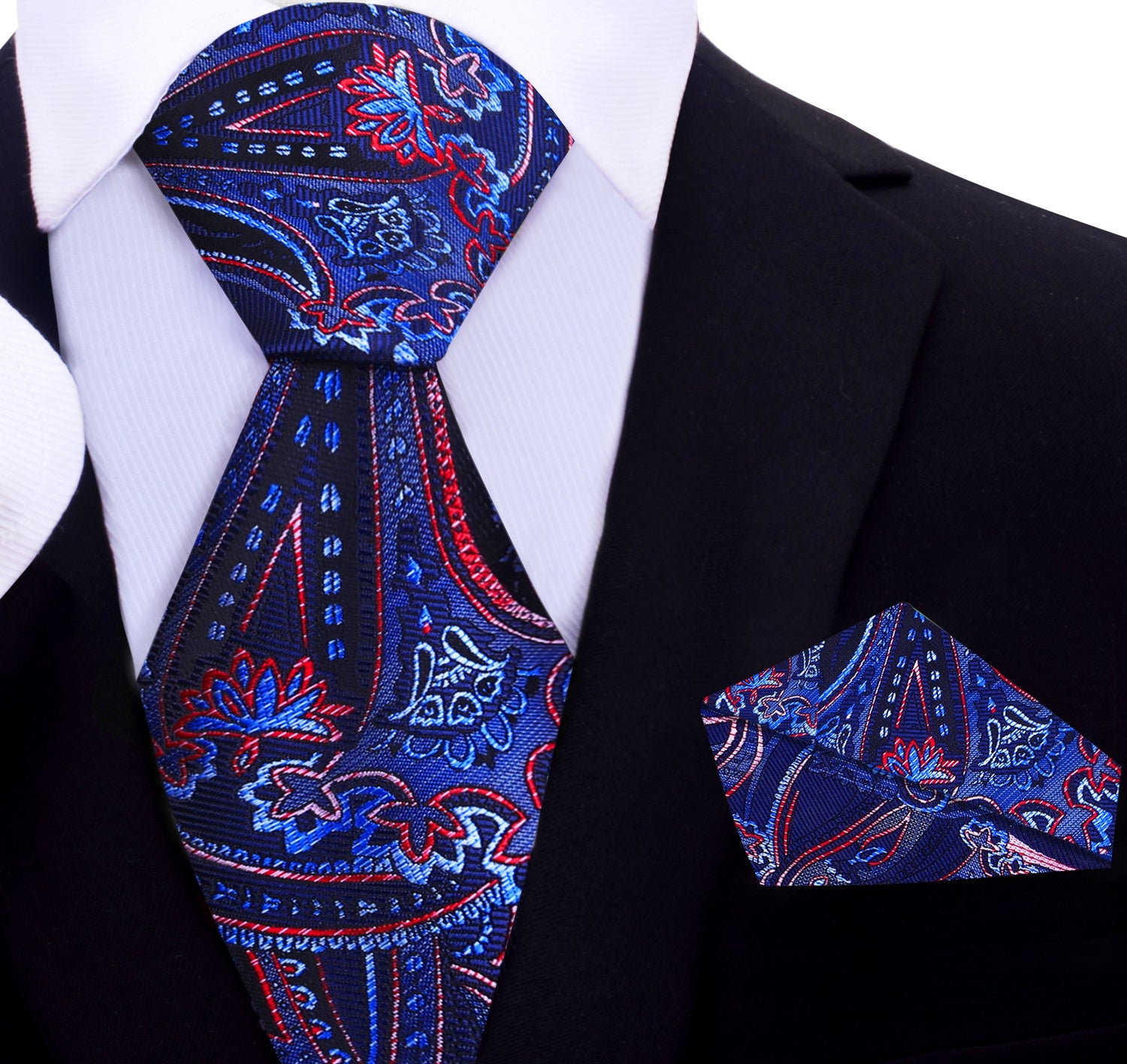 A Blue, Red Paisley Pattern Silk Necktie, Matching Pocket Square 