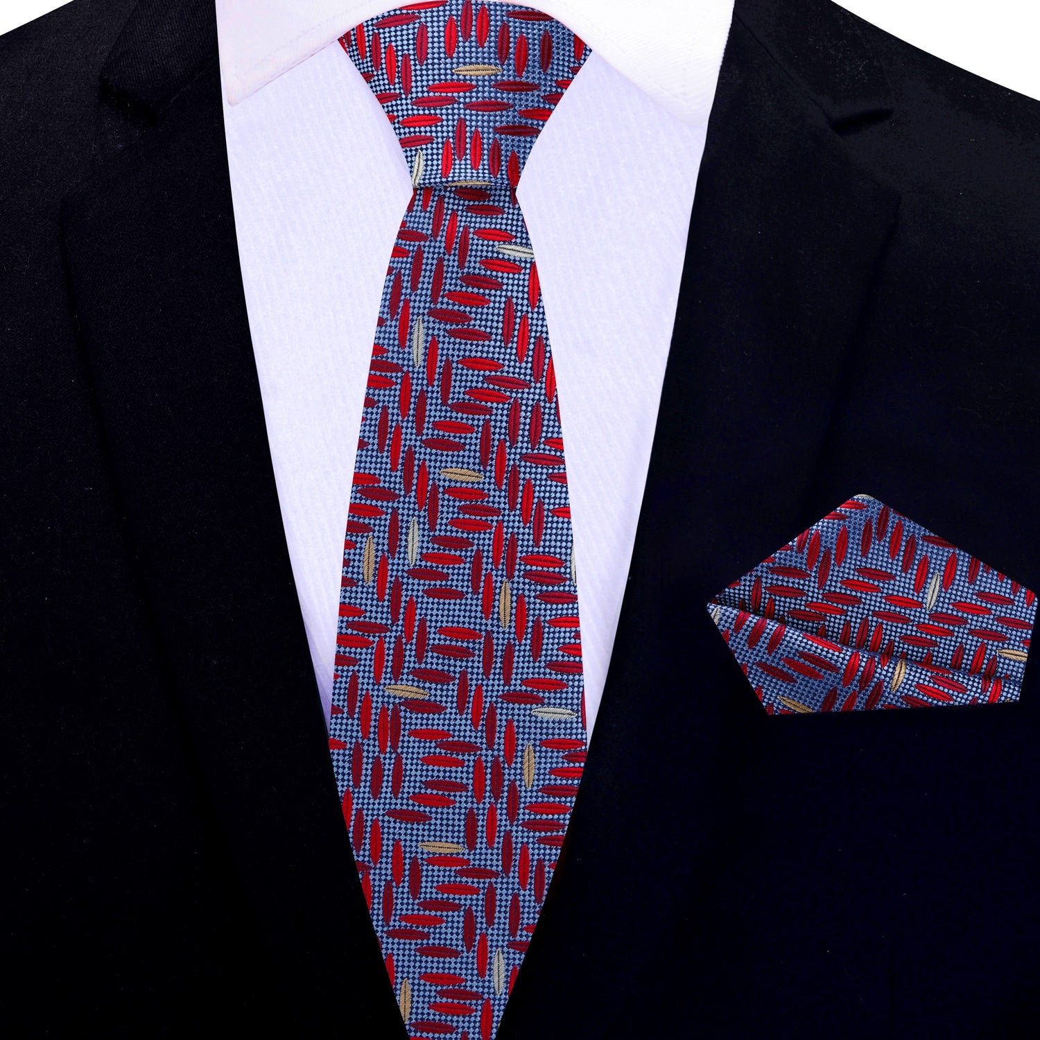Red, Blue, Light Gold Geometric Thin Tie and Pocket Square