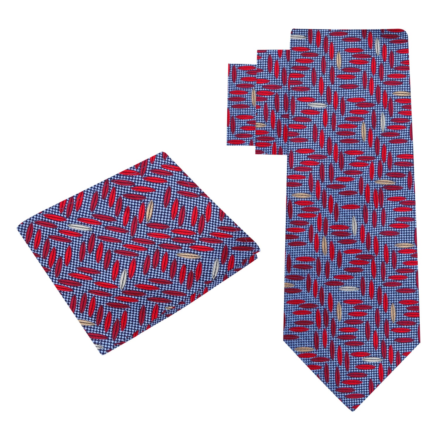 Alt View: Red, Blue, Light Gold Geometric Tie and Pocket Square