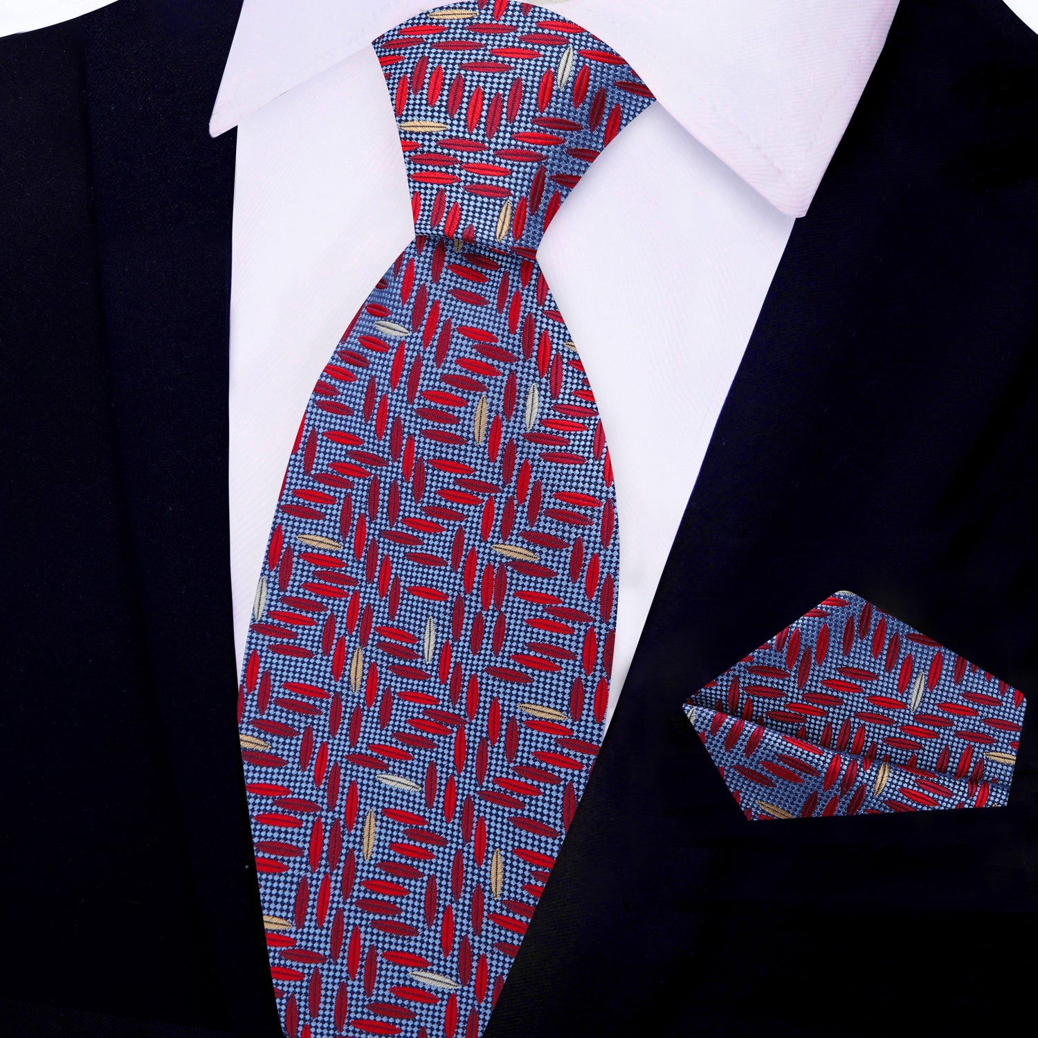 Red, Blue, Light Gold Geometric Tie and Pocket Square