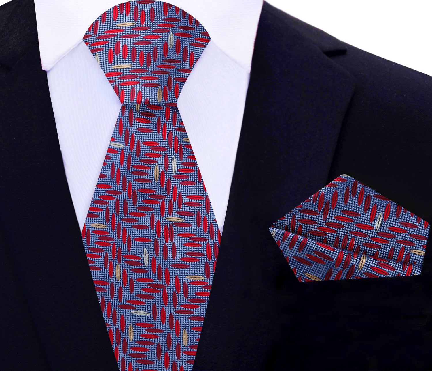 Main View: Red, Blue, Light Gold Geometric Tie and Pocket Square