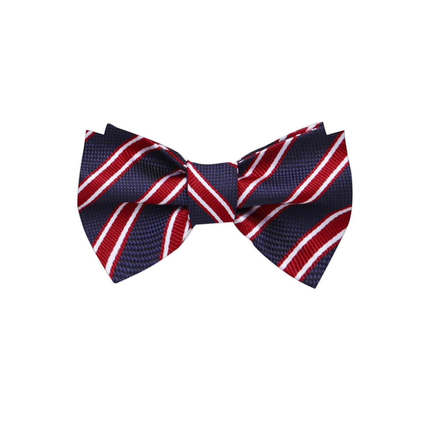 A Dark Blue, Red, White Stripe Pattern Silk Self Tie Bow Tie 
